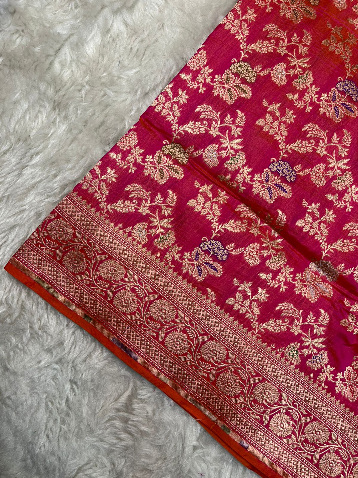 Rani Pink Pure Katan Silk Dhoop Chhaon Banarasi Saree with Meenakari Jaal & Zari Border