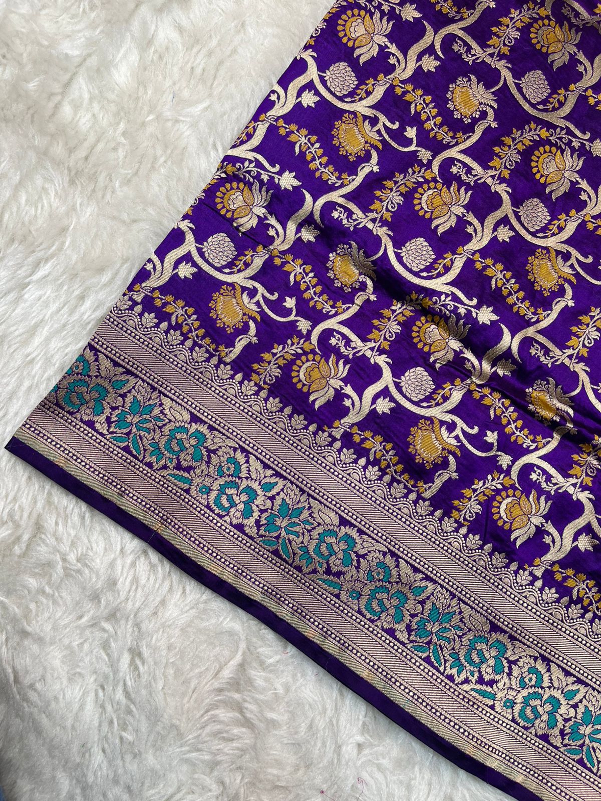 Royal Purple Pure Katan Silk Banarasi Saree with Gold Zari & Meenakari Floral Jaal