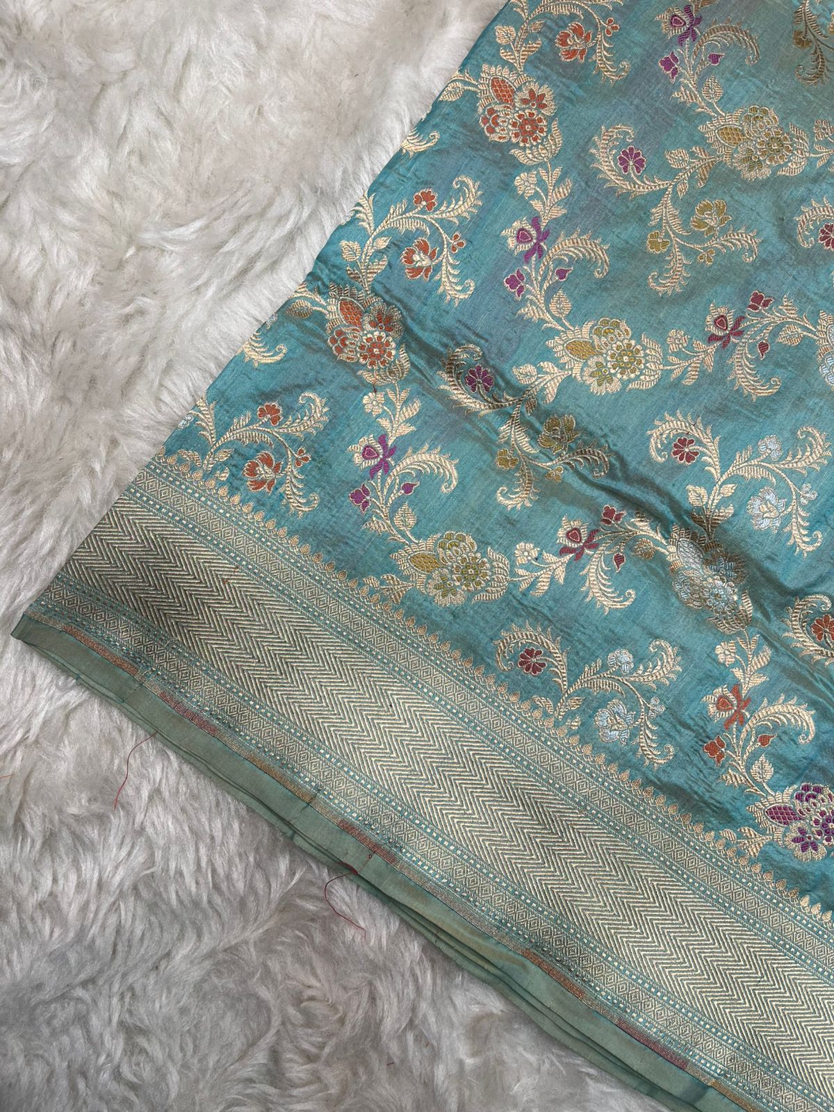 Pastel Blue Pure Katan Silk Meenakari Jaal Saree with Champagne Zari Pallu
