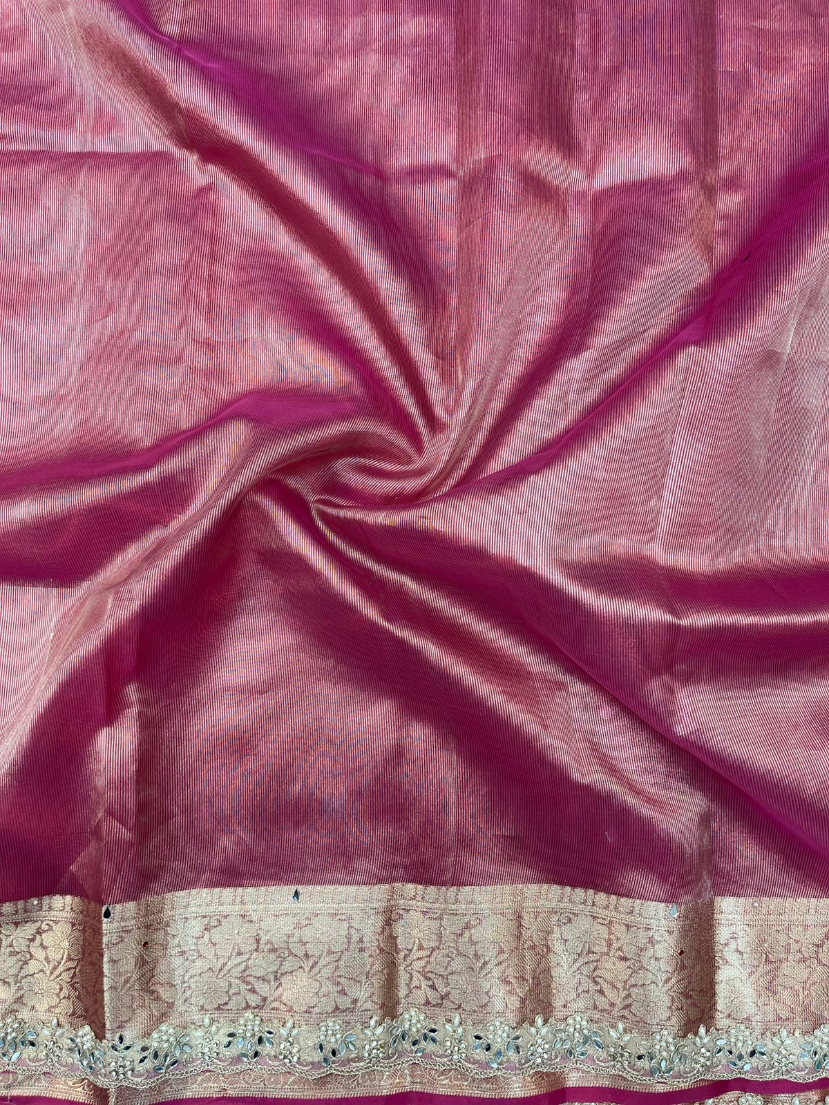 Crimson Pink Banarasi Tissue Silk Saree with Real Mirror Embellishments and Scalloped Gota Lace Border