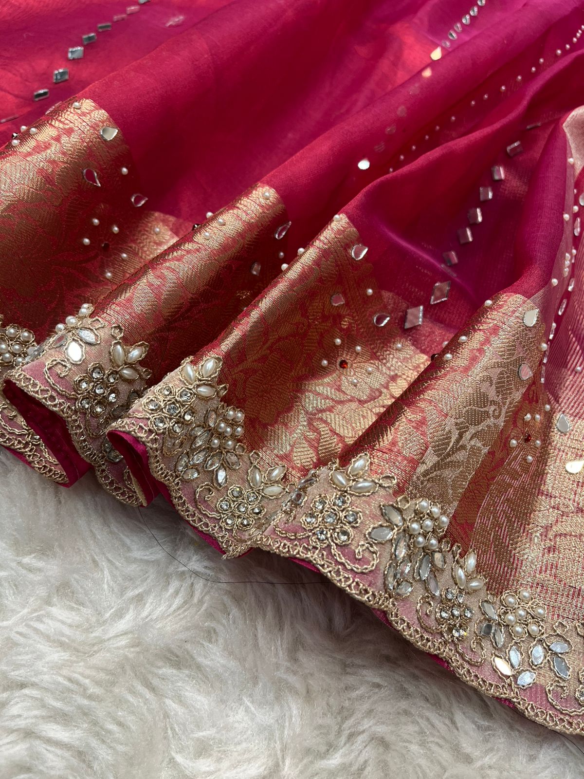 Crimson Pink Banarasi Tissue Silk Saree with Real Mirror Embellishments and Scalloped Gota Lace Border