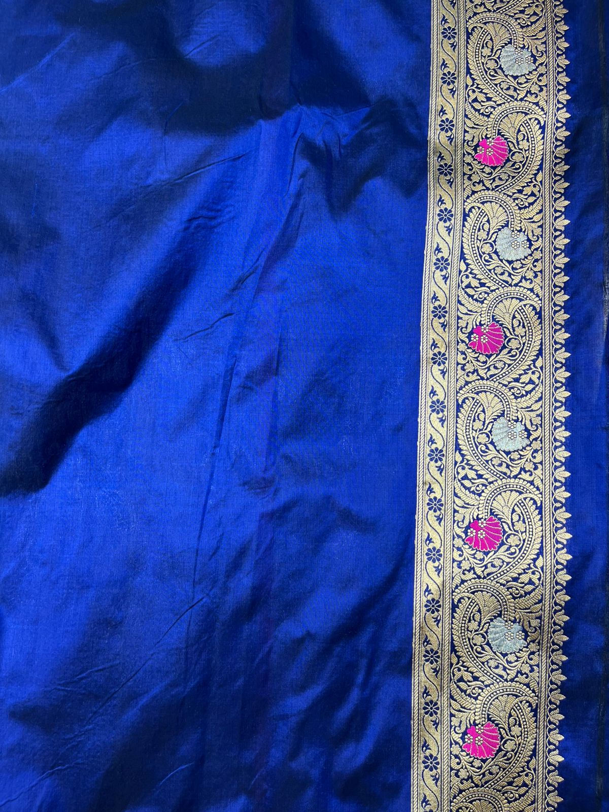 Royal Blue Pure Katan Silk Banarasi Saree – Traditional Gold & Silver Zari Jangla with Pink and Yellow Meenakari Kalka Motifs