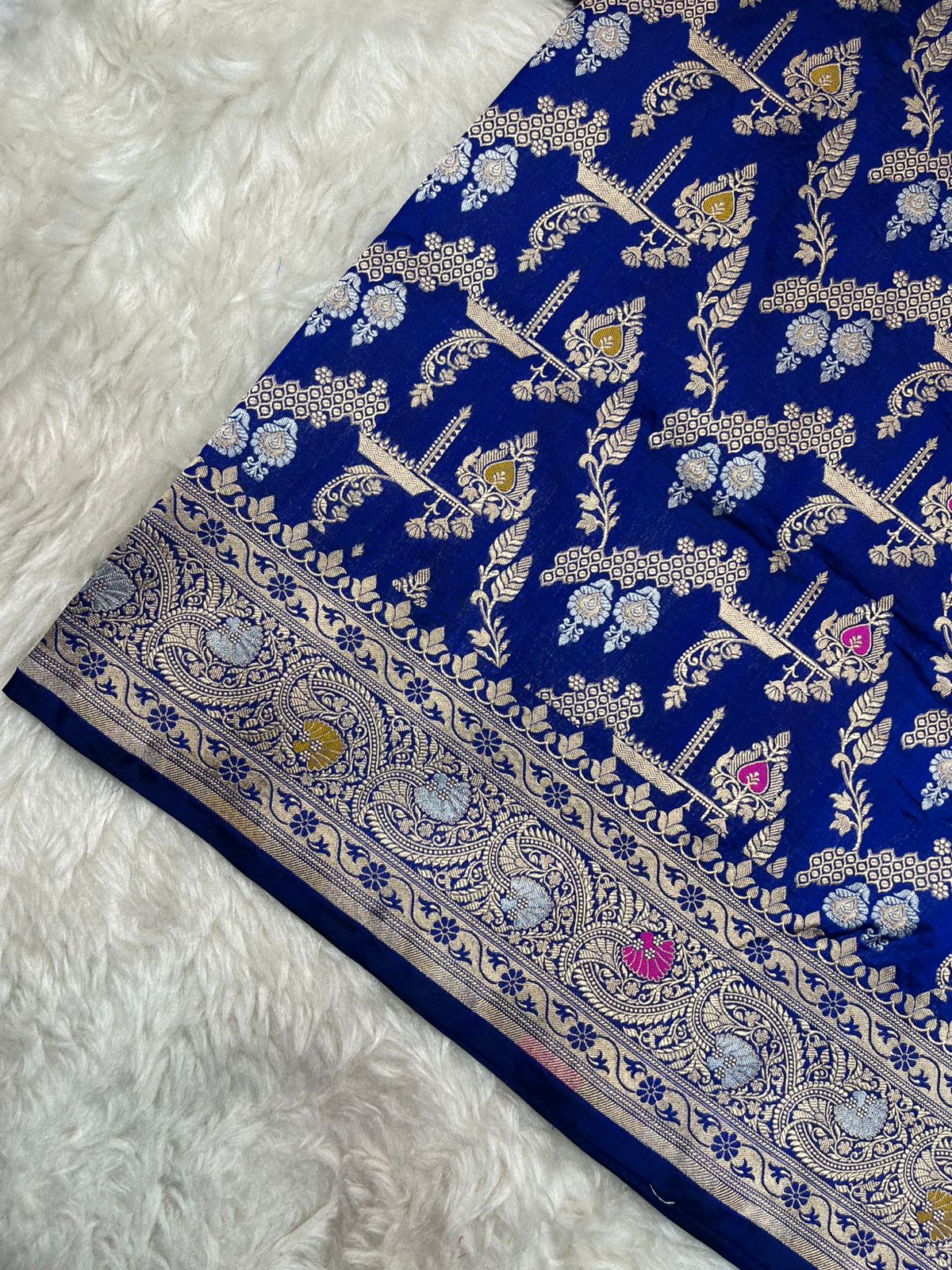 Royal Blue Pure Katan Silk Banarasi Saree – Traditional Gold & Silver Zari Jangla with Pink and Yellow Meenakari Kalka Motifs