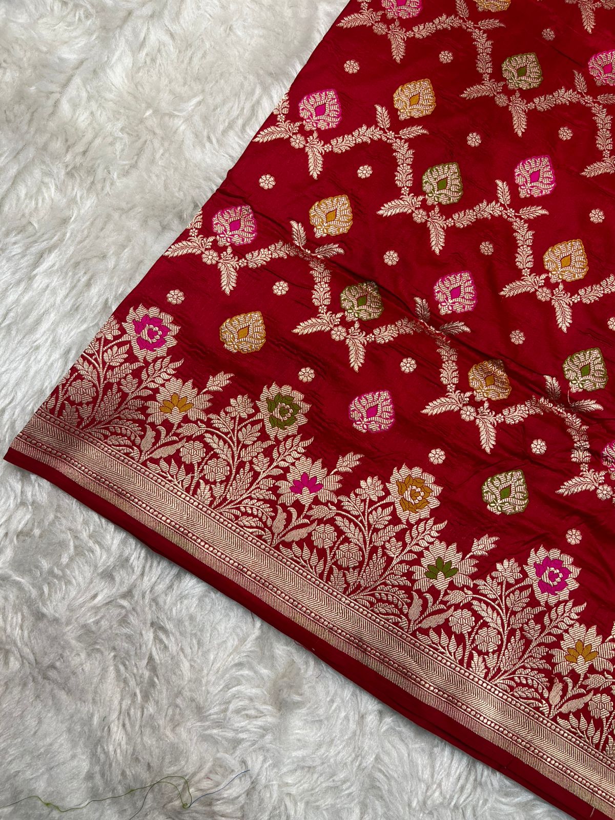 Bridal Red Pure Katan Silk Banarasi Saree with Golden Zari and Multicolored Meenakari