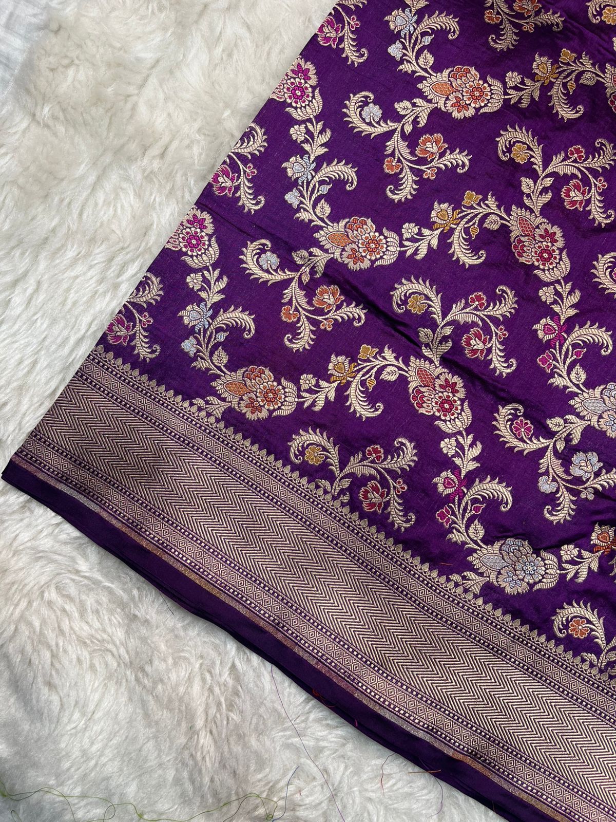 Jamuni Purple Pure Katan Silk Banarasi Saree – Muted Golden Zari Jangla with Pastel Orange and Ice Blue Meenakari Artistry