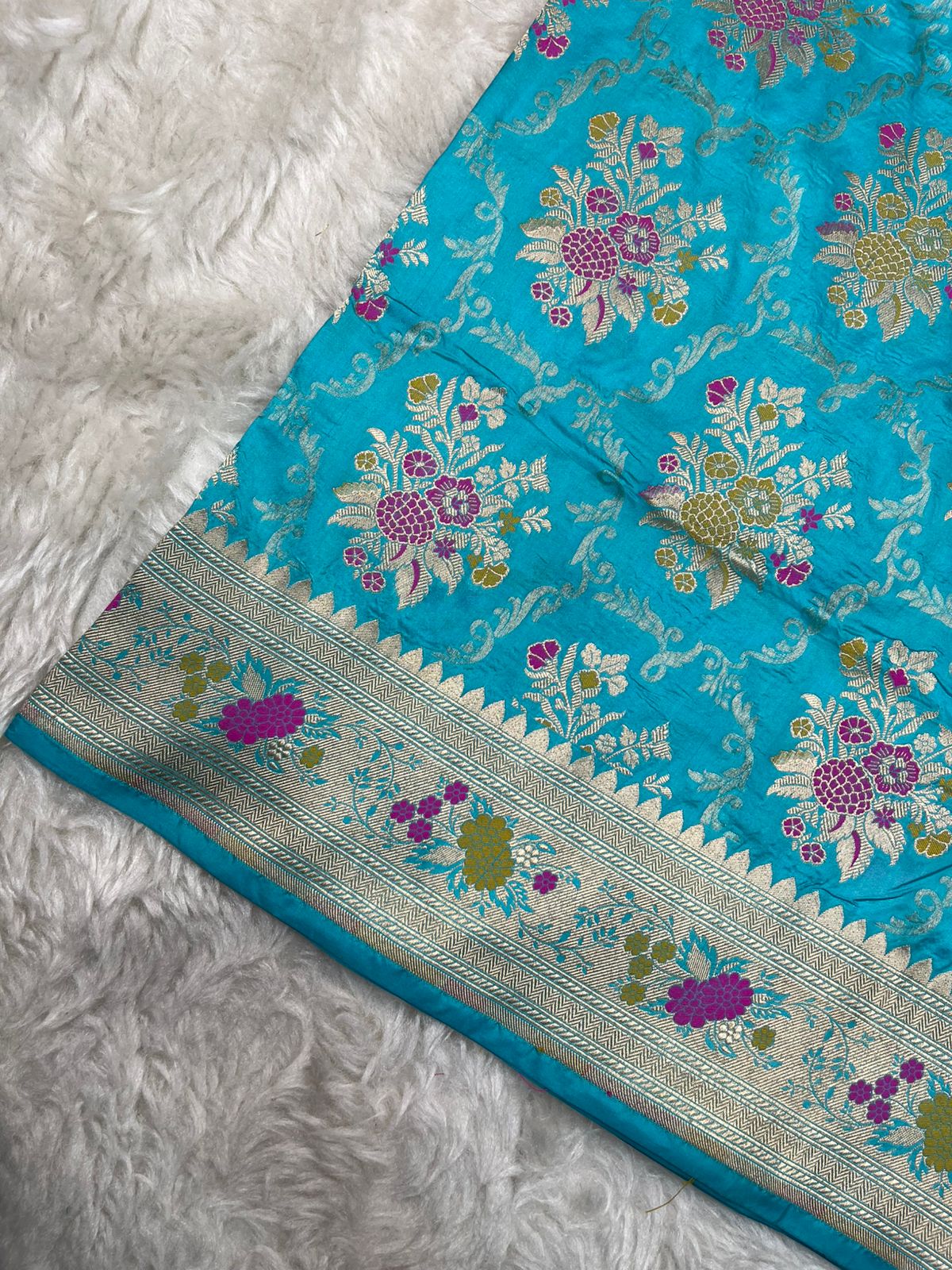 Firoza Blue Pure Katan Silk Handloom Banarasi Saree with Gold Zari and Allover Meenakari Guldasta Jaal