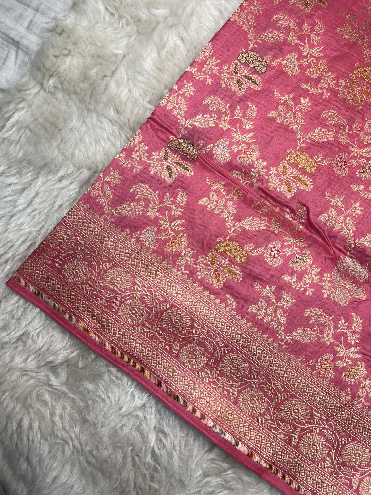 Onion Pink Pure Katan Silk Handloom Banarasi Saree with Gold Zari and Allover Meenakari Jaal