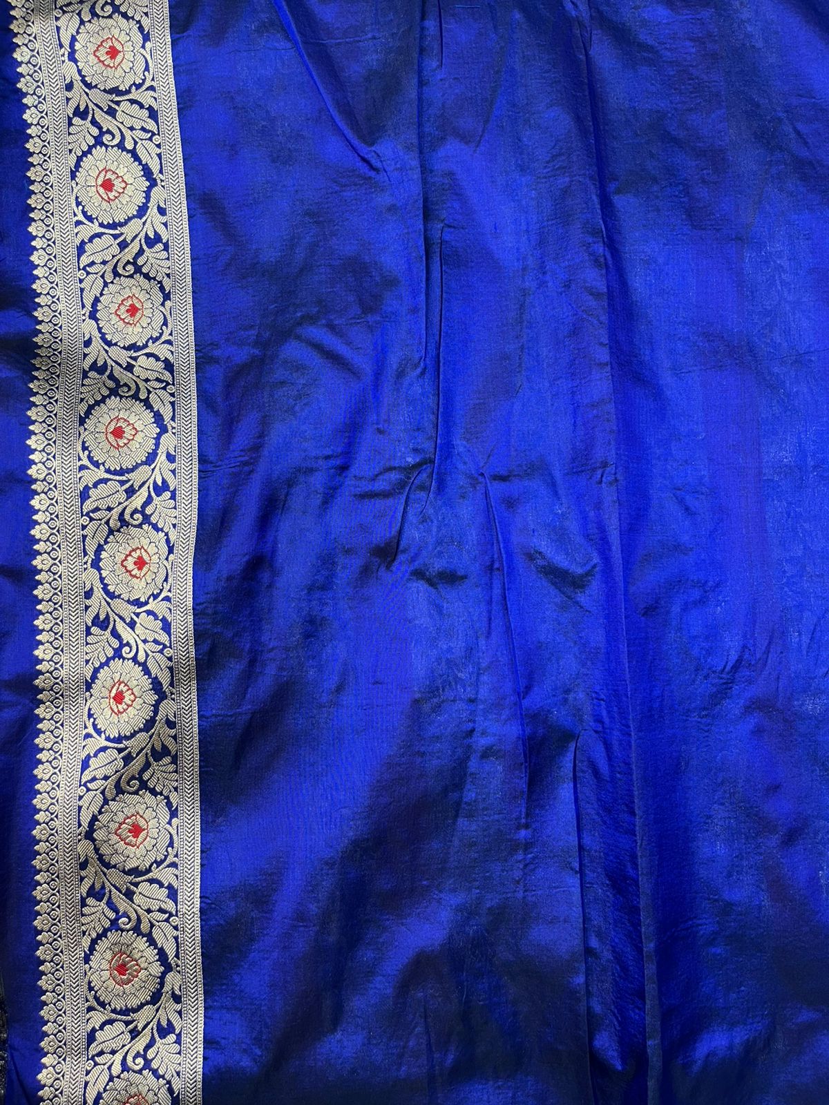 Cobalt Blue Pure Katan Silk Banarasi Saree – Gold Zari Floral Vines with Rust Orange and White Meenakari Marigold Motifs