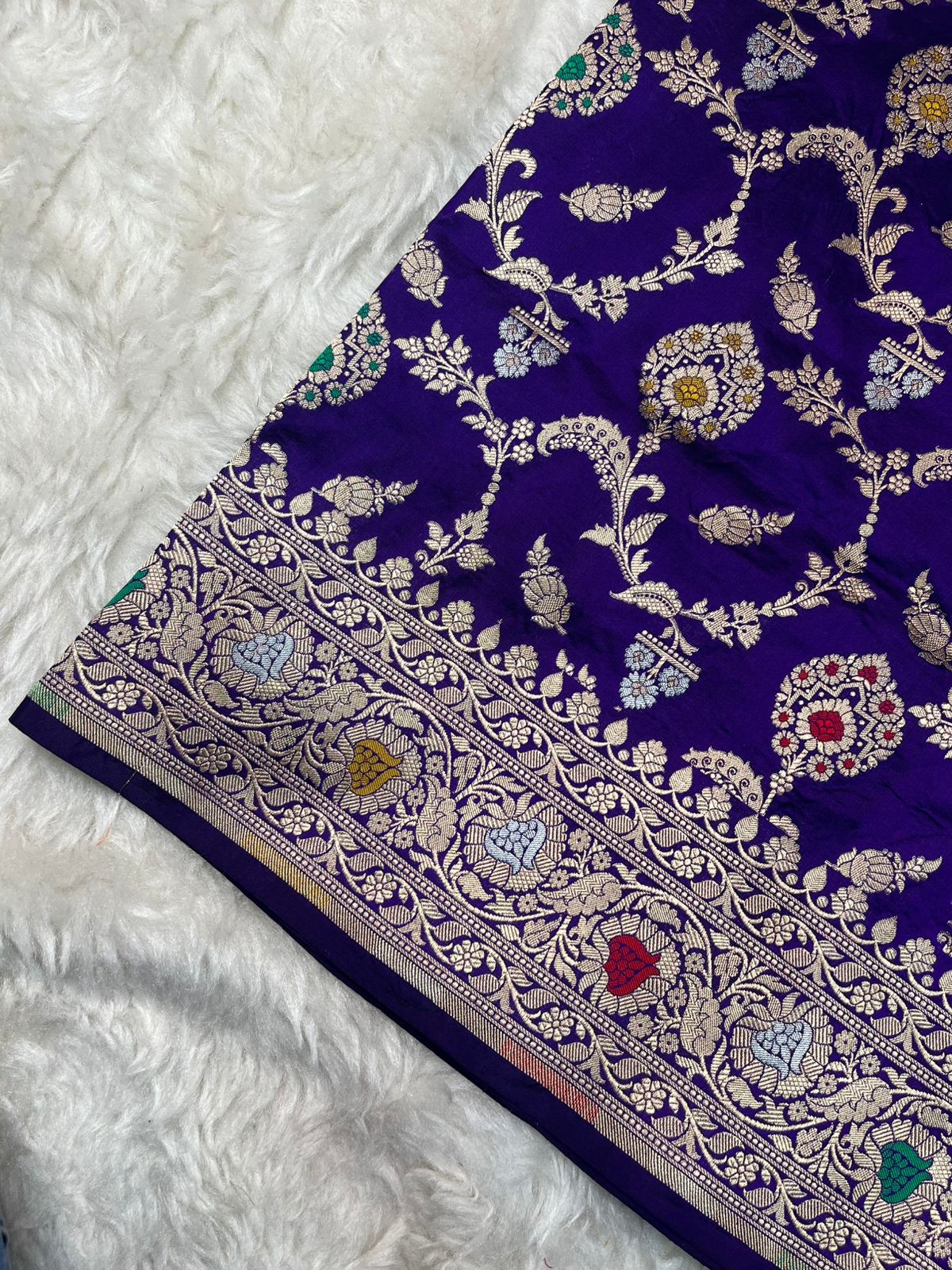 Deep Violet Pure Katan Silk Handloom Banarasi Saree with Golden Zari and Allover Meenakari Tilfi Jaal
