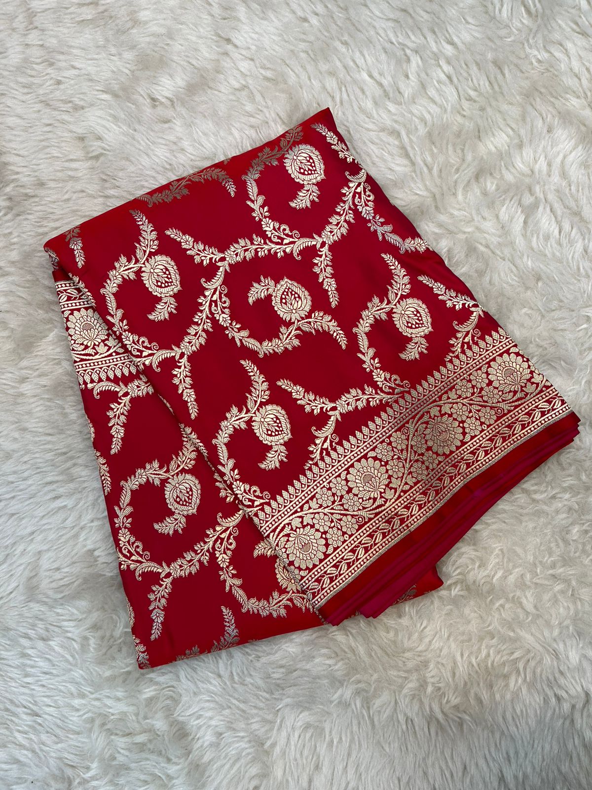 Scarlet Red Banarasi Mashru Silk Saree with Antique Golden Zari Jaal