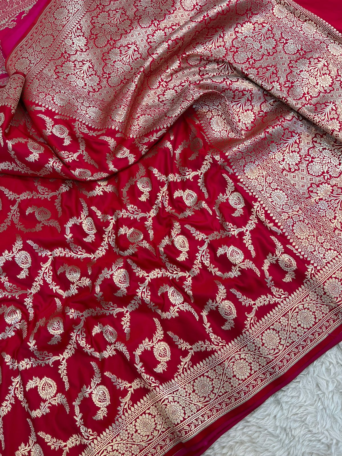 Scarlet Red Banarasi Mashru Silk Saree with Antique Golden Zari Jaal