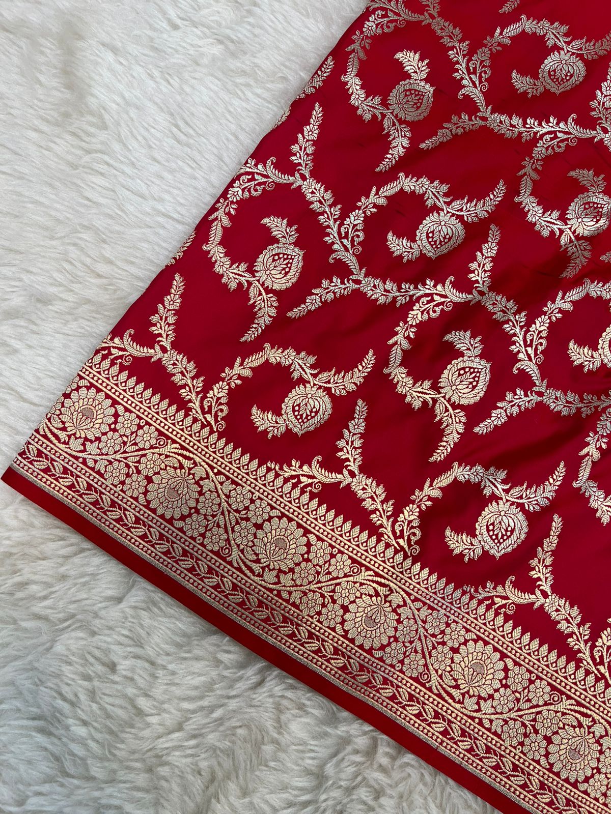 Scarlet Red Banarasi Mashru Silk Saree with Antique Golden Zari Jaal