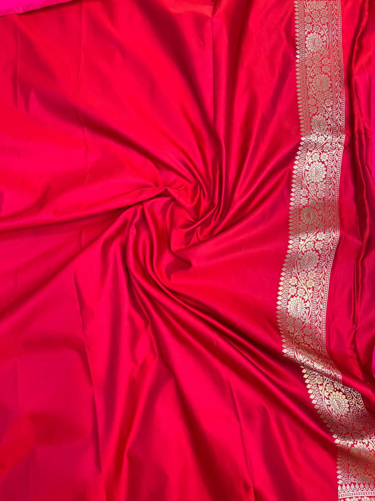 Scarlet Red Banarasi Mashru Silk Saree with Antique Golden Zari Jaal