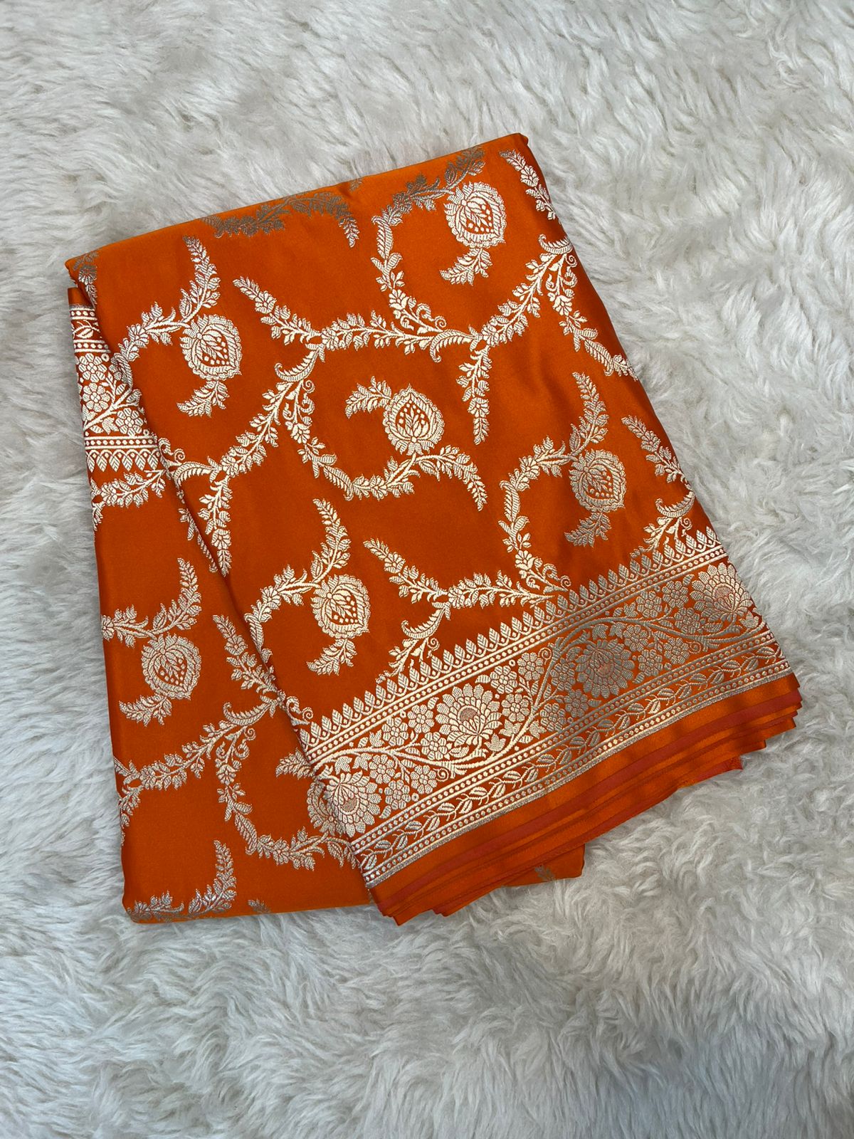 Saffron Orange Banarasi Mashru Silk Saree with Antique Golden Zari Jaal