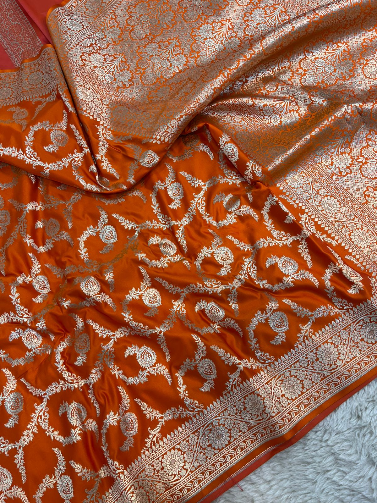 Saffron Orange Banarasi Mashru Silk Saree with Antique Golden Zari Jaal