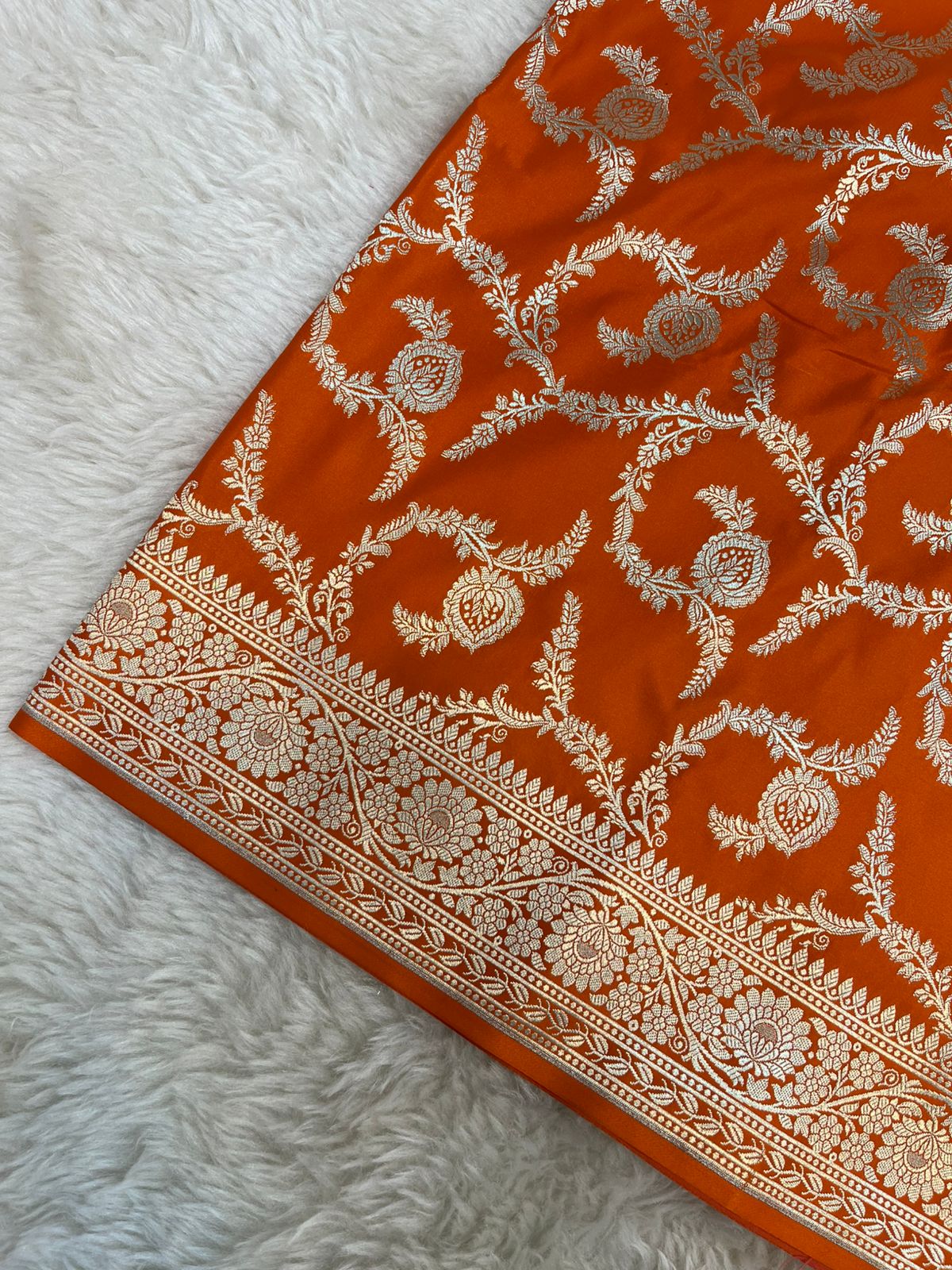 Saffron Orange Banarasi Mashru Silk Saree with Antique Golden Zari Jaal