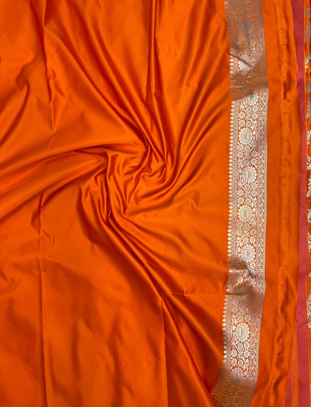 Saffron Orange Banarasi Mashru Silk Saree with Antique Golden Zari Jaal