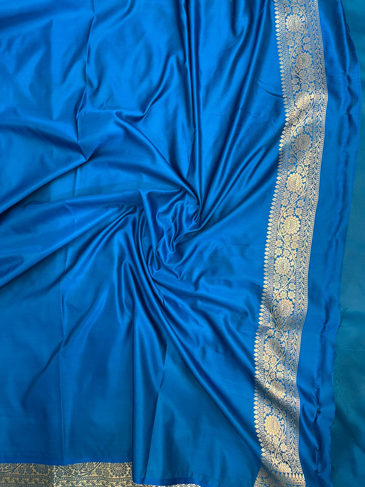Majestic Peacock Blue Banarasi Mashru Silk Saree with Antique Golden Zari Jaal