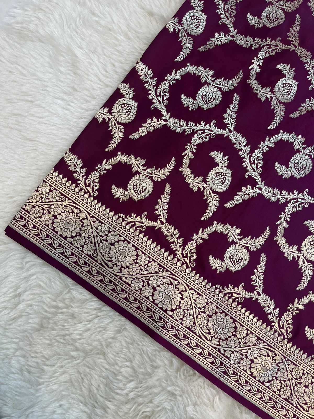 Majestic Wine Banarasi Mashru Silk Saree with Antique Golden Zari Jaal