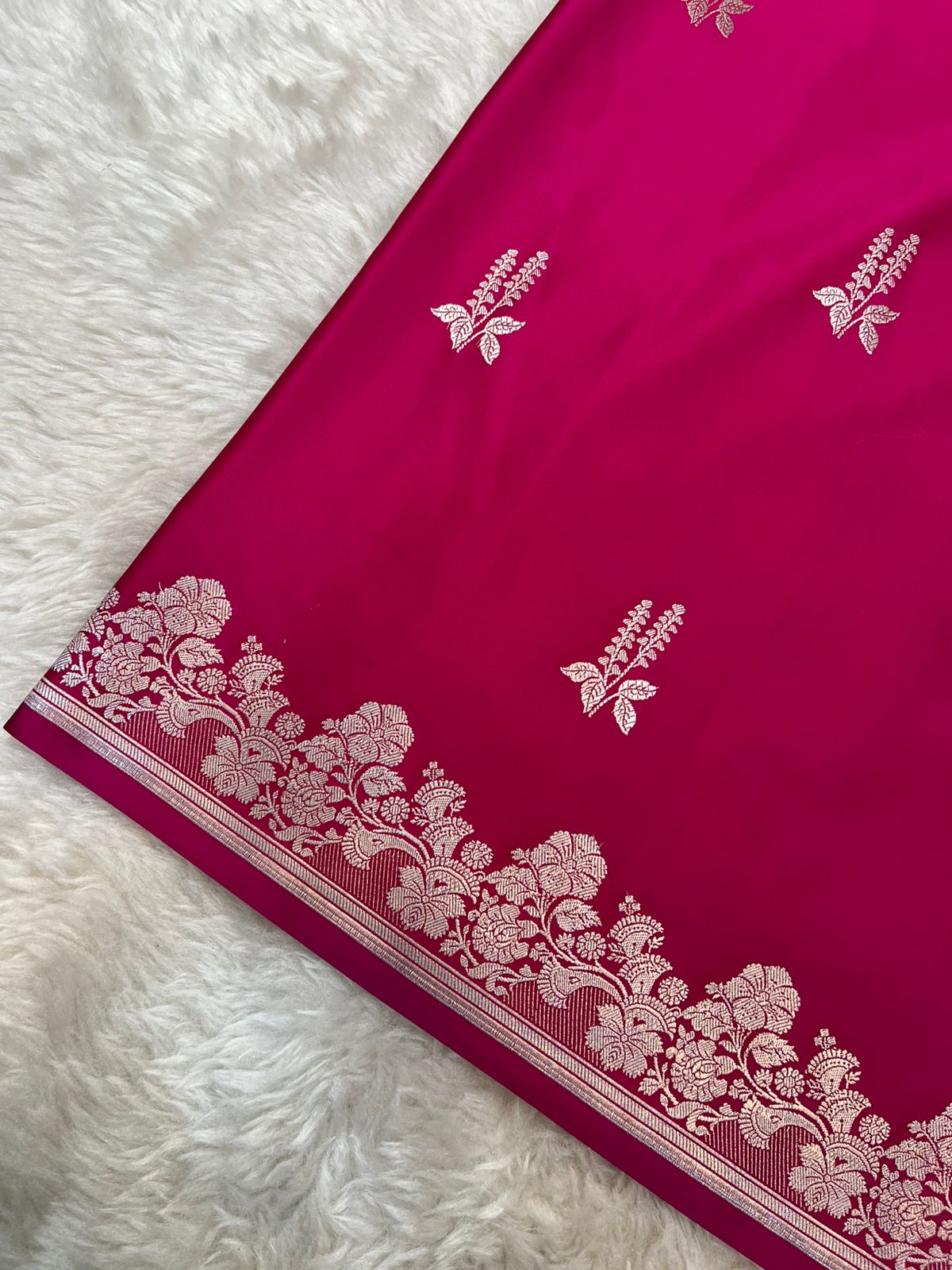 Hot Pink Banarasi Mashru Silk Saree with Antique Zari Jaal & Floral Butis