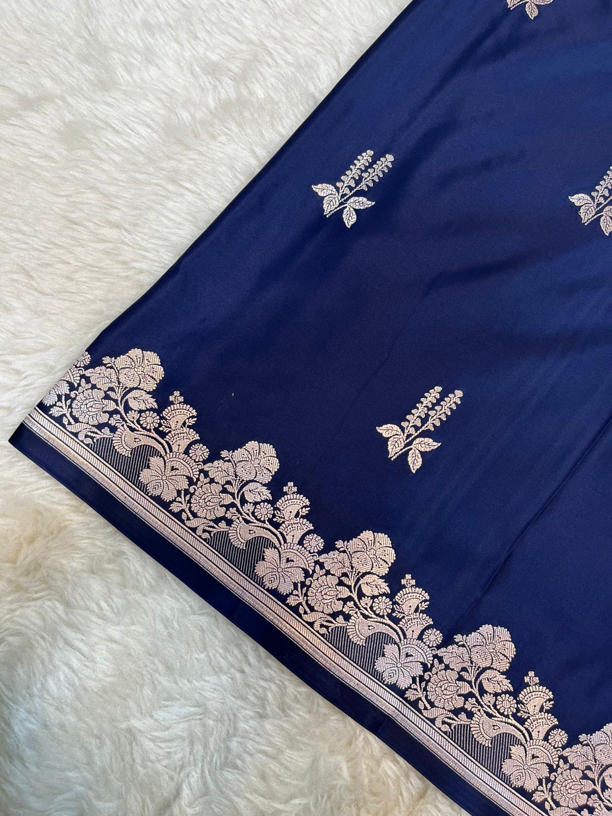 Navy Blue Banarasi Mashru Silk Saree with Antique Zari Jaal & Floral Butis