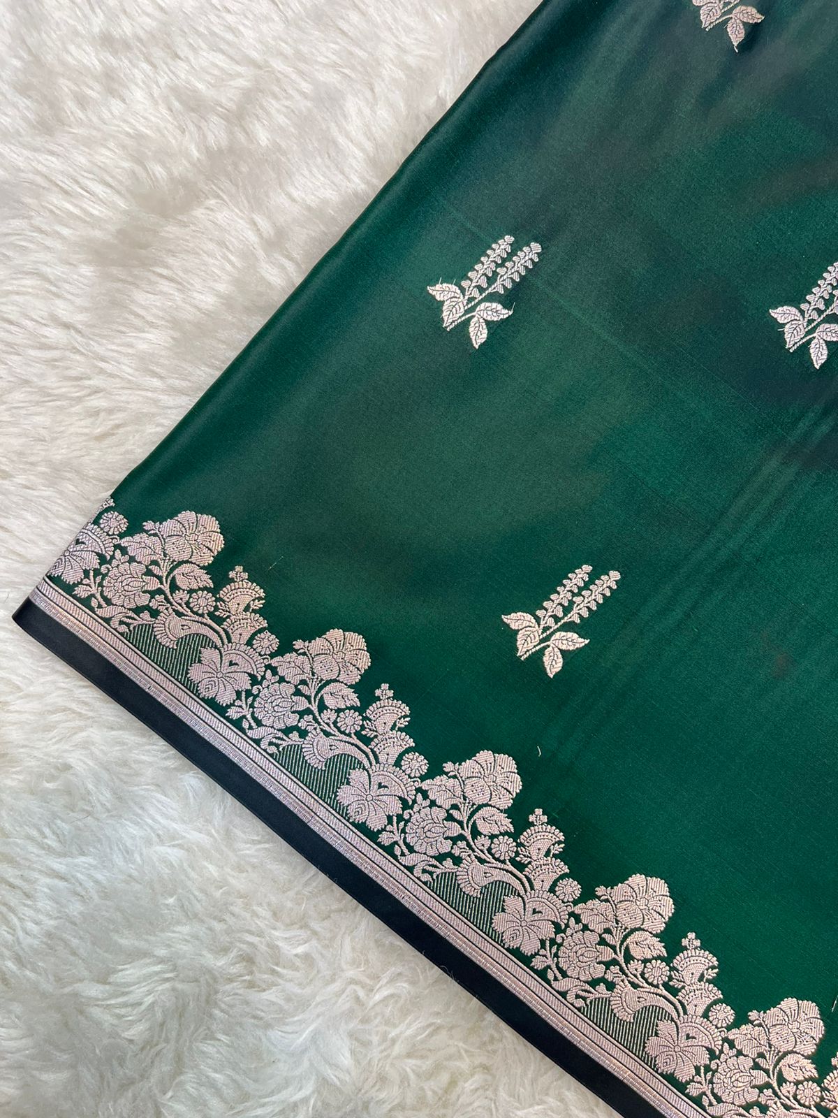Emerald Green Banarasi Mashru Silk Saree with Antique Zari Jaal & Floral Butis