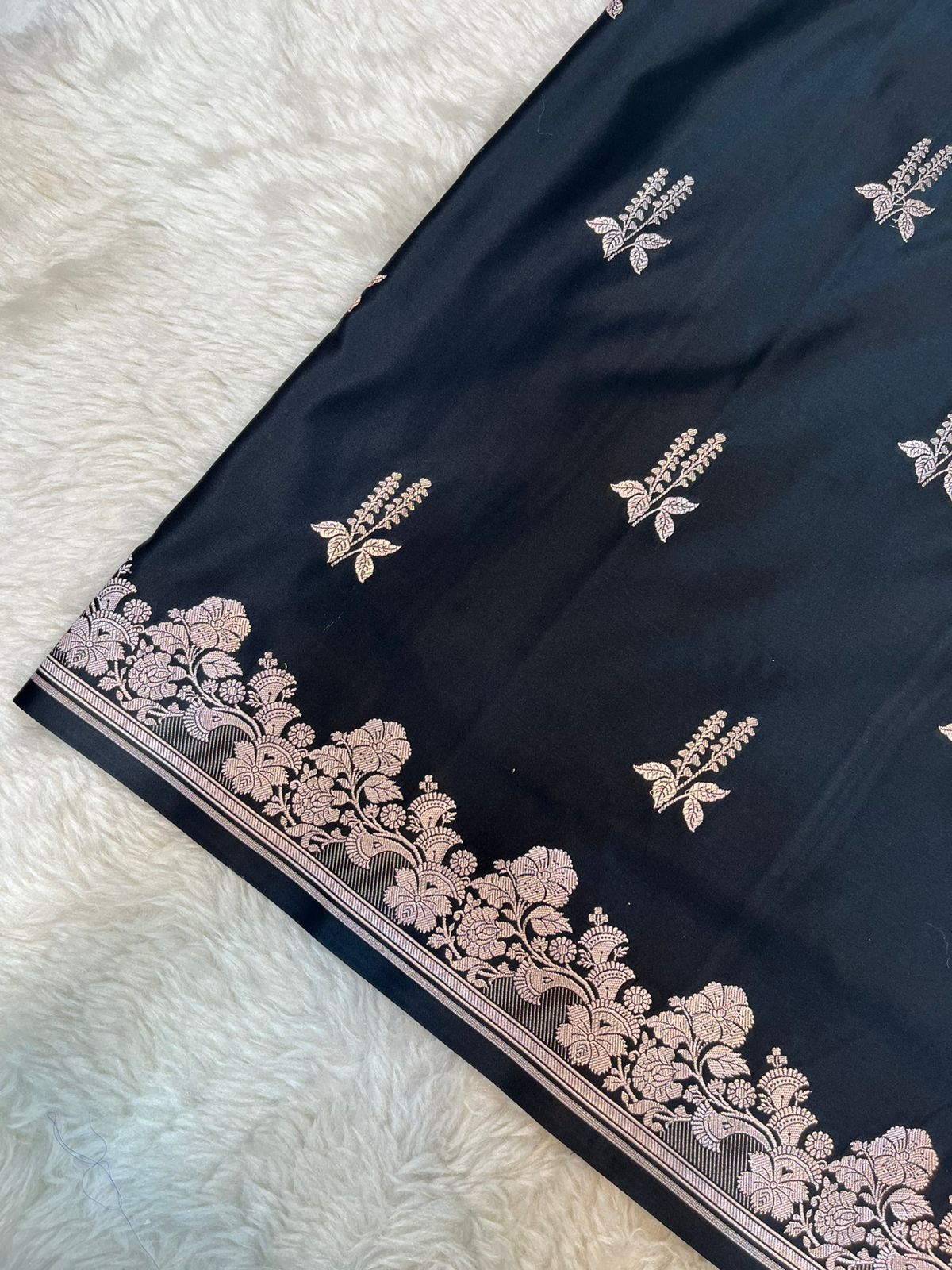 Midnight Black Banarasi Mashru Silk Saree with Antique Zari Jaal & Floral Butis