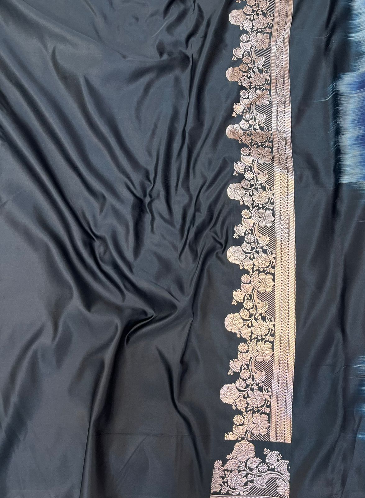 Midnight Black Banarasi Mashru Silk Saree with Antique Zari Jaal & Floral Butis