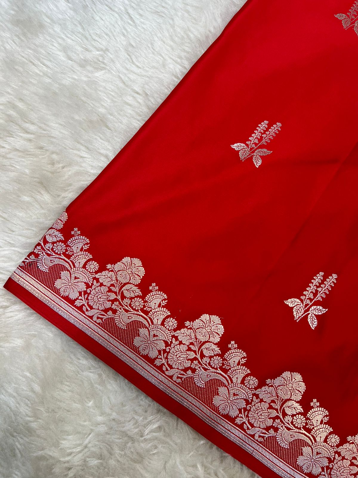 Bright Red Banarasi Mashru Silk Saree with Antique Zari Jaal & Floral Butis