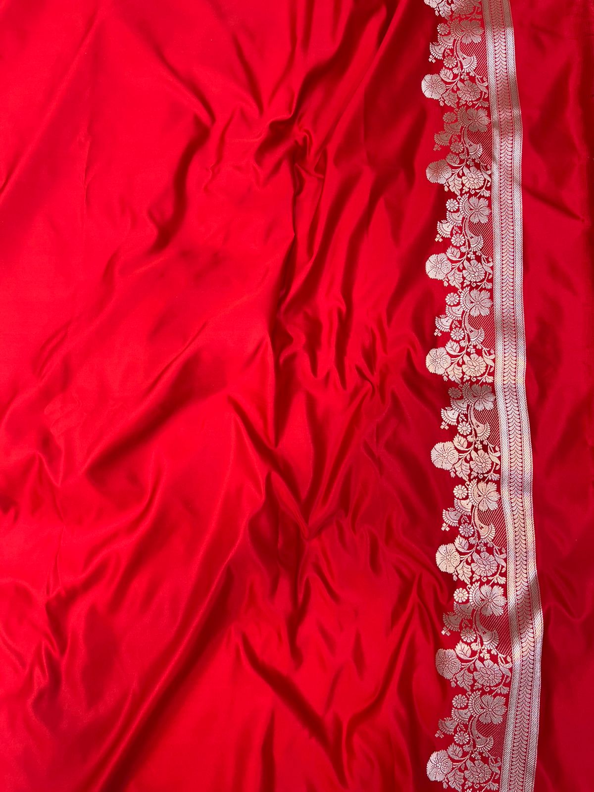 Bright Red Banarasi Mashru Silk Saree with Antique Zari Jaal & Floral Butis