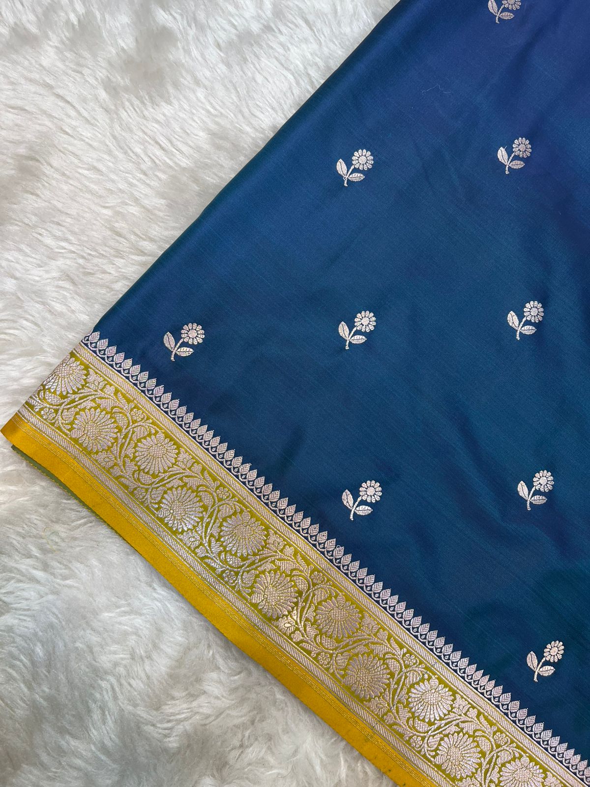 Peacock Blue and Olive Green Banarasi Mashru Silk Saree with All-Over Zari Buti Work