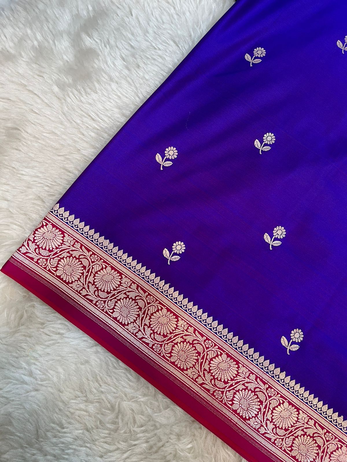 Royal Indigo Blue & Rani Pink Banarasi Mashru Silk Saree with All-Over Zari Buti Work