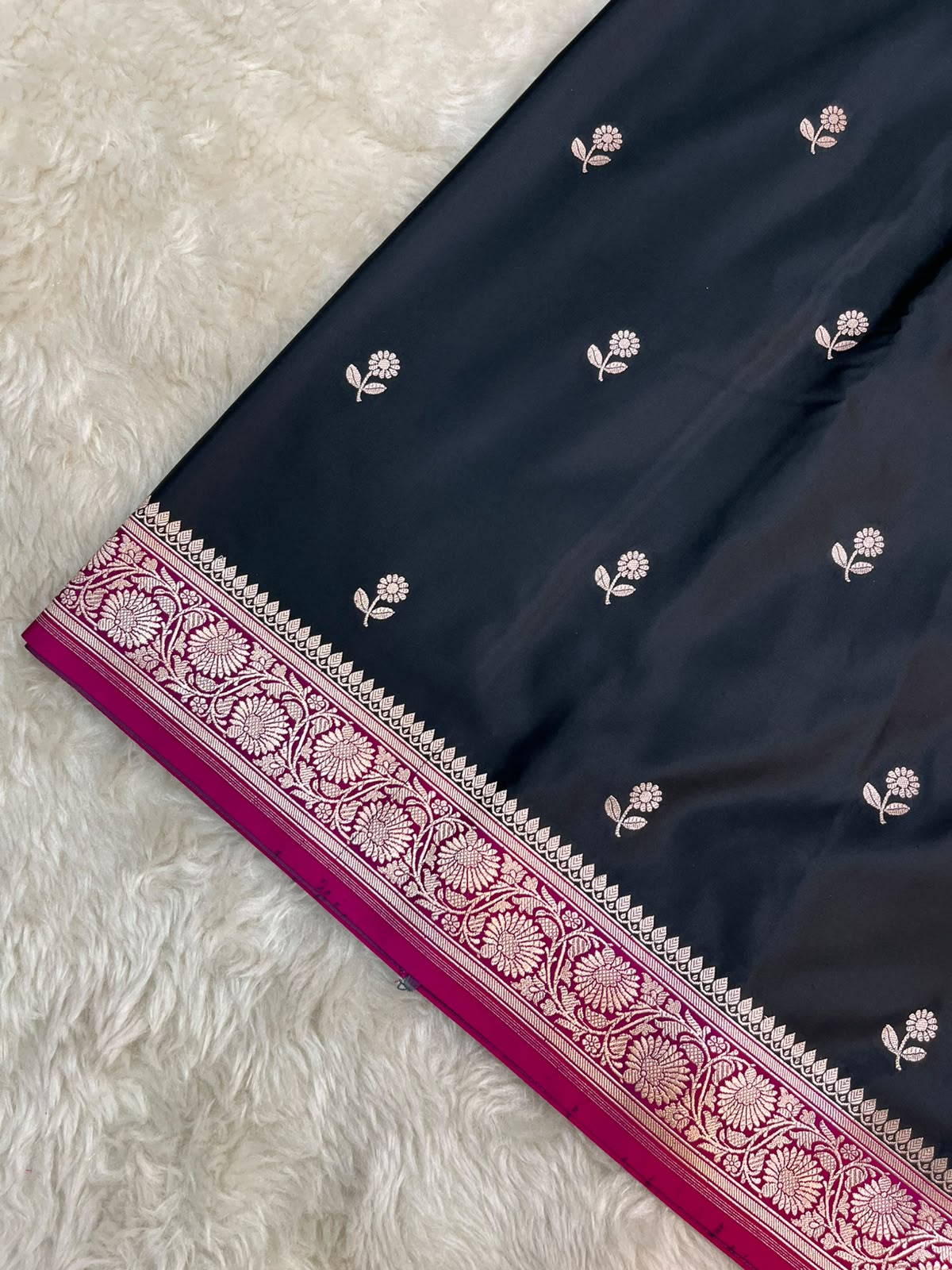 Charcoal Black and Rani Pink Banarasi Mashru Silk Saree with All-Over Zari Buti Work