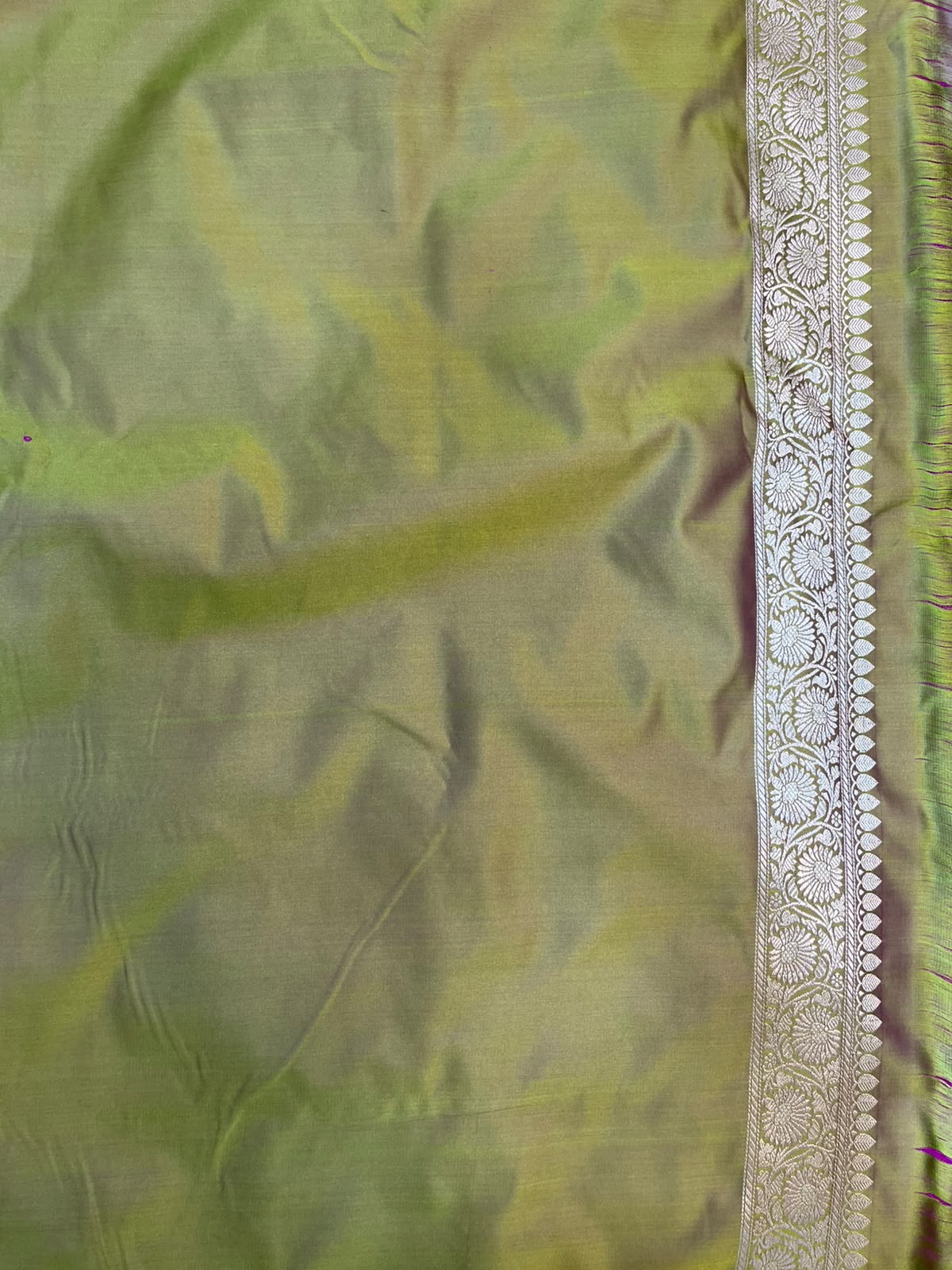 Mustard Yellow and Olive Green Banarasi Mashru Silk Saree with All-Over Zari Buti Work