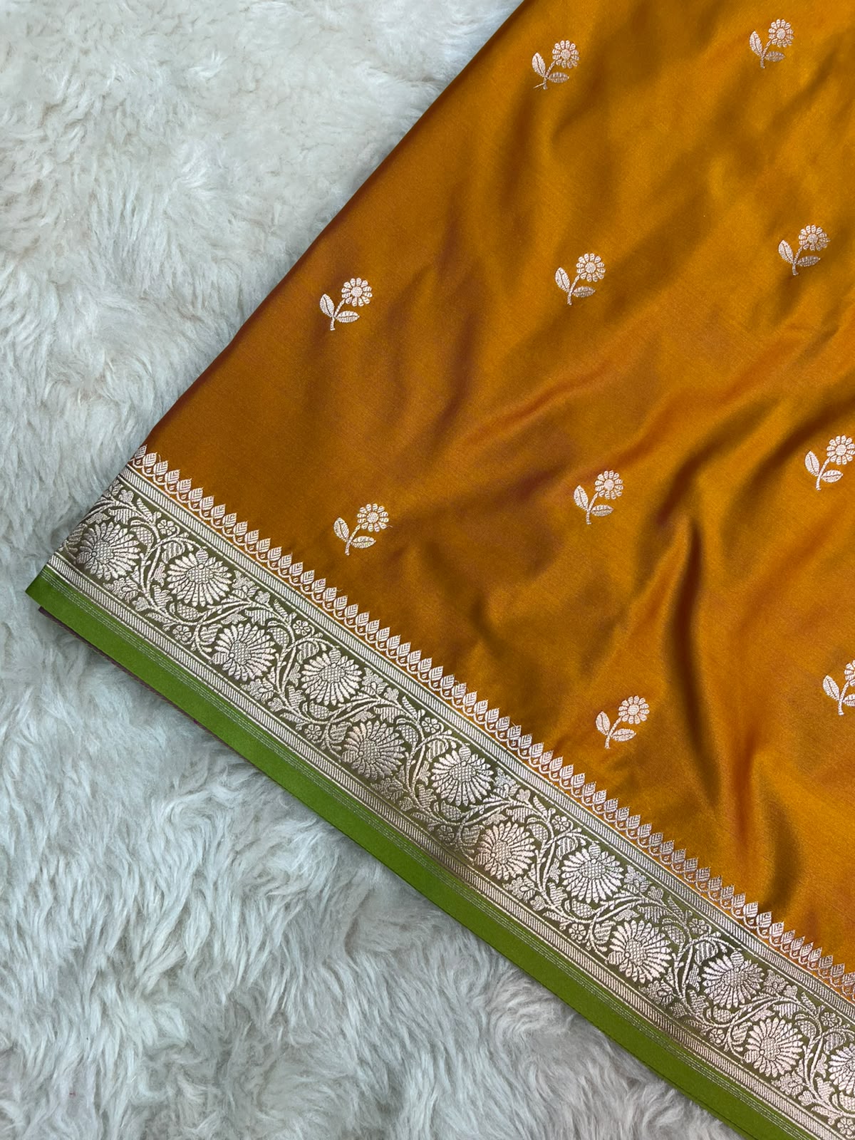 Mustard Yellow and Olive Green Banarasi Mashru Silk Saree with All-Over Zari Buti Work