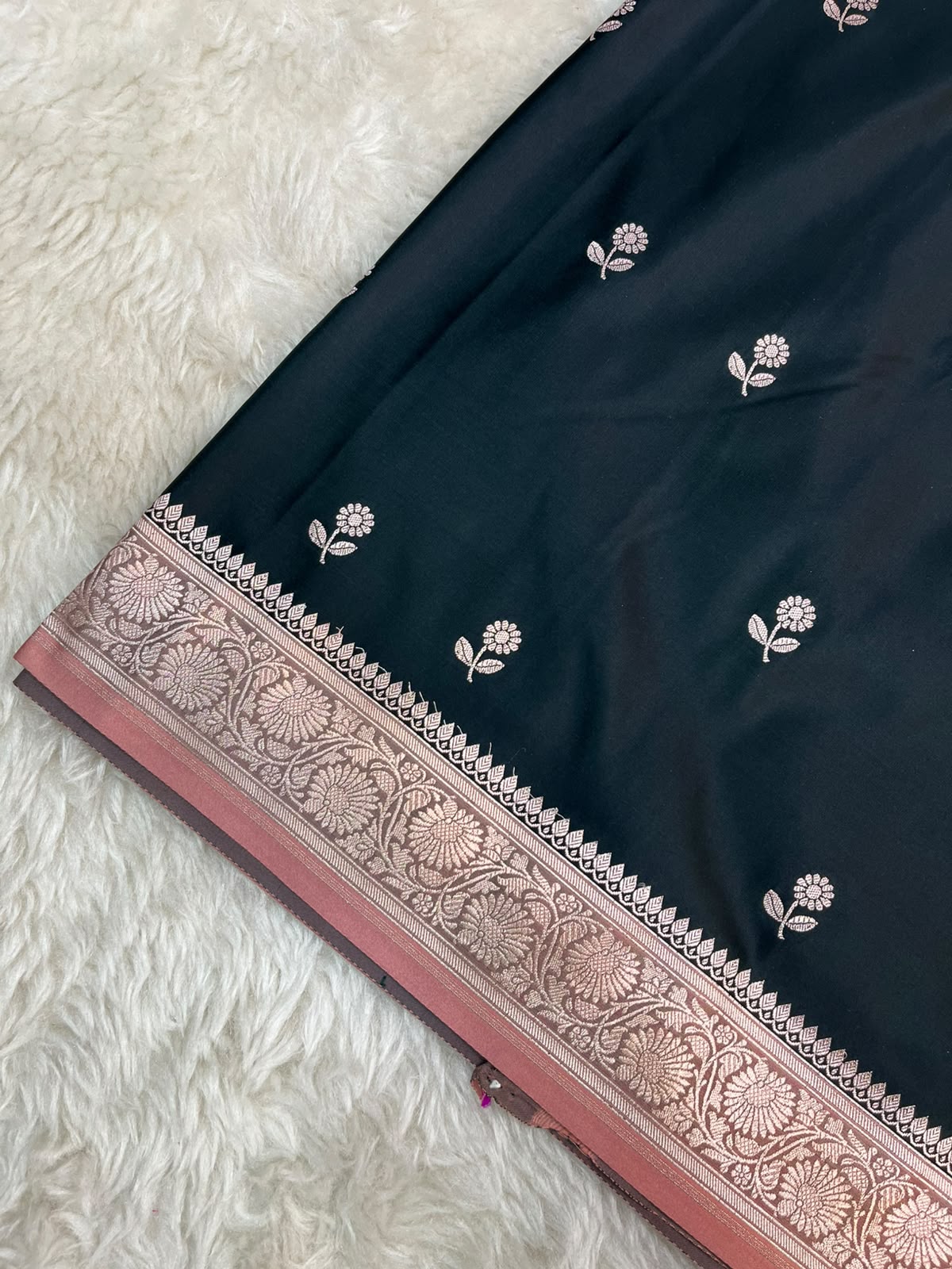 Dark Black and Dusty Rose Banarasi Mashru Silk Saree with All-Over Zari Buti Work