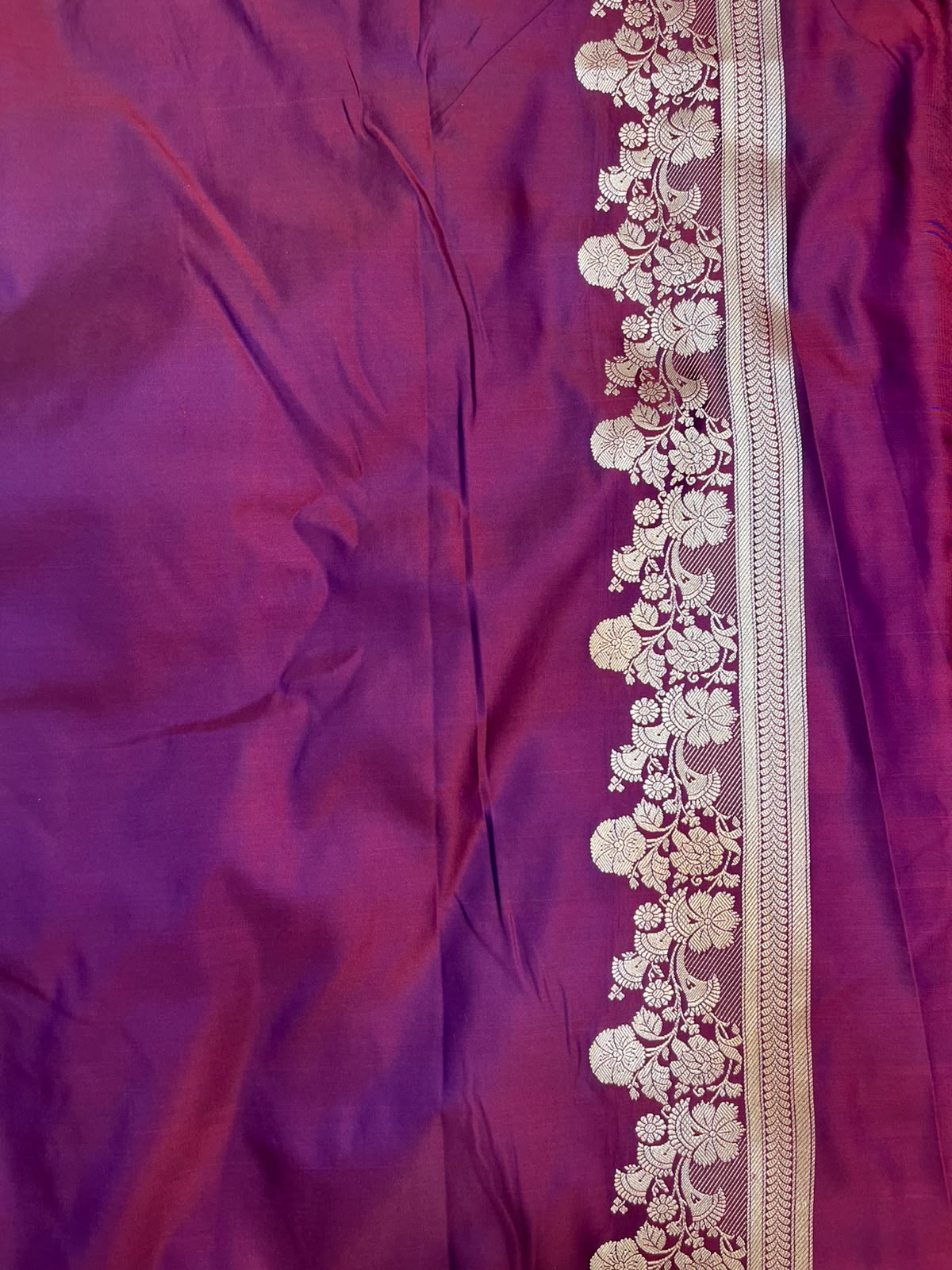 Royal Wine Banarasi Mashru Silk Saree with Antique Zari Jaal & Floral Butis