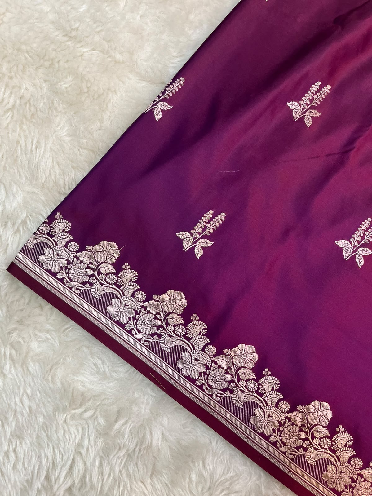Royal Wine Banarasi Mashru Silk Saree with Antique Zari Jaal & Floral Butis