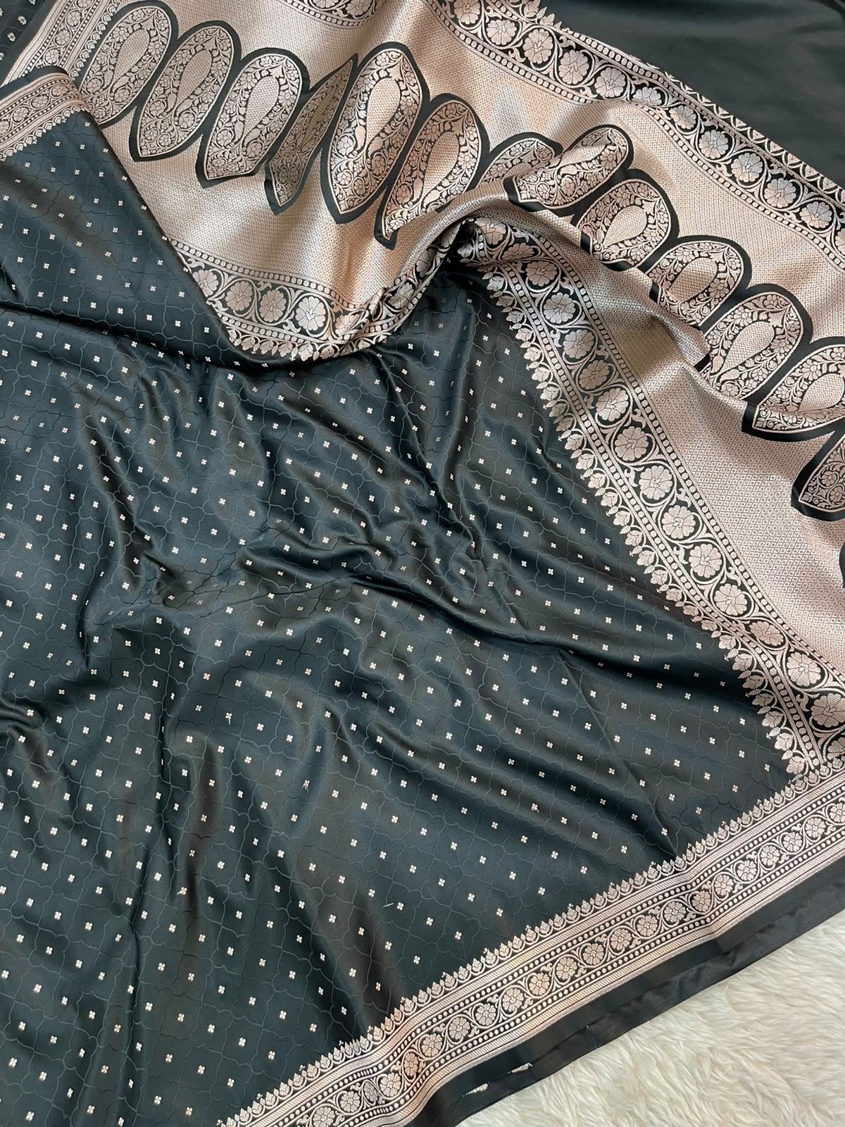 Jet Black Banarasi Mashru Silk Saree | Fine Booti Work & Traditional Border