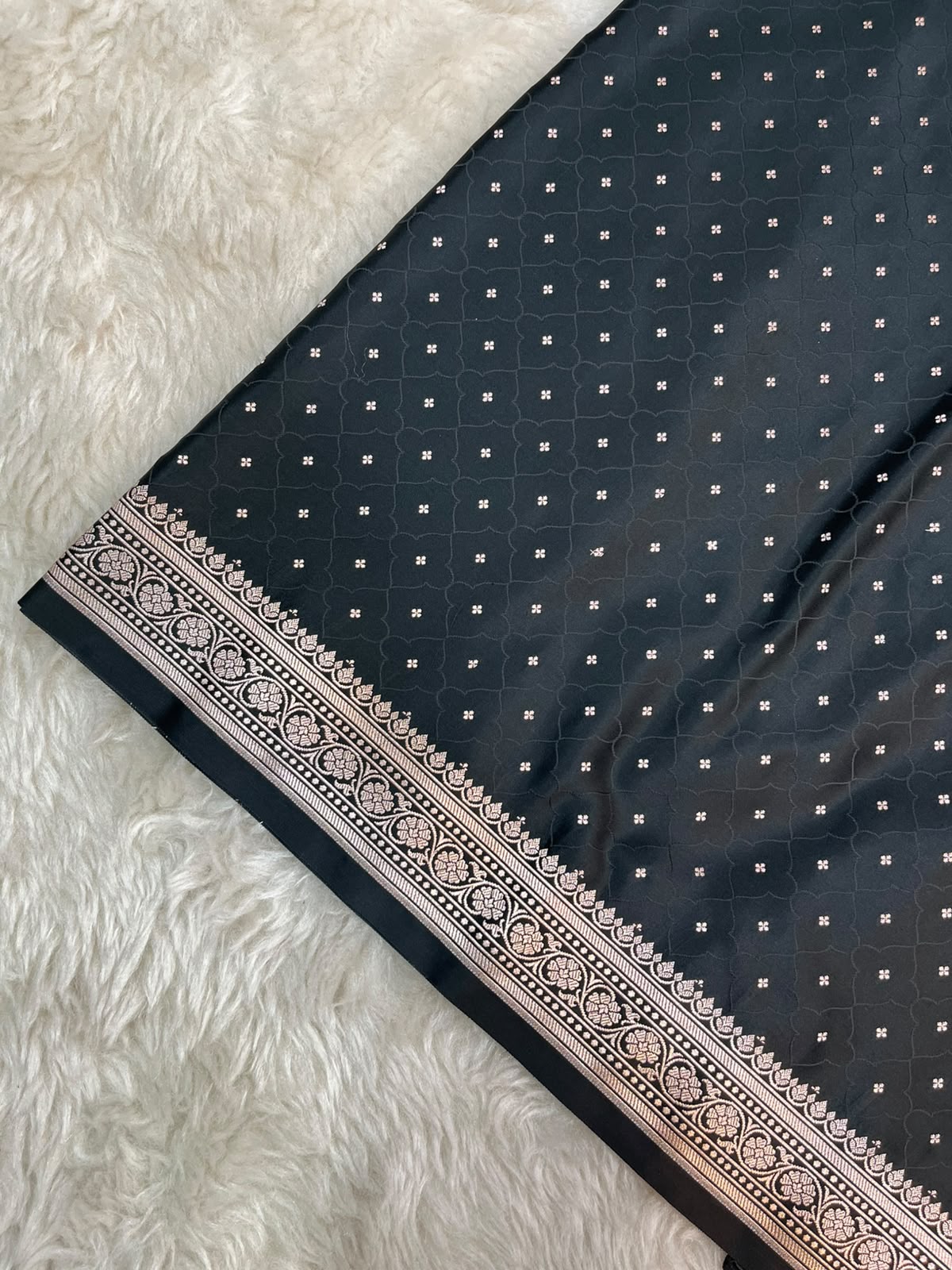 Jet Black Banarasi Mashru Silk Saree | Fine Booti Work & Traditional Border