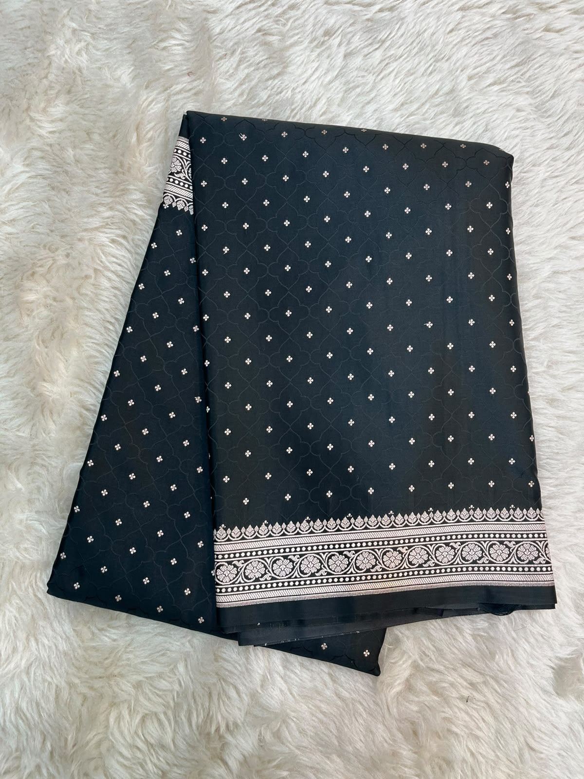 Jet Black Banarasi Mashru Silk Saree | Fine Booti Work & Traditional Border