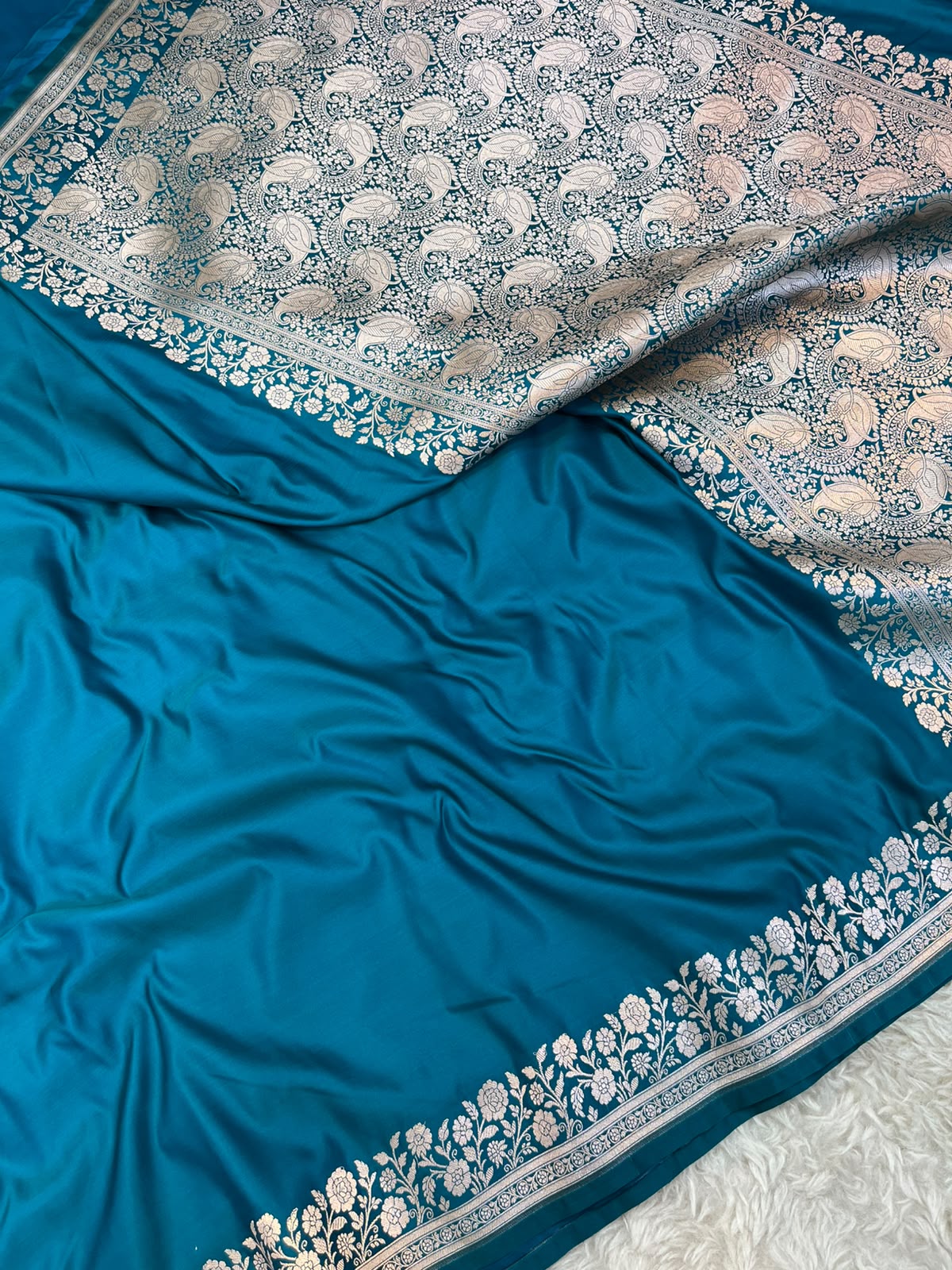 Royal Teal Blue Banarasi Mashru Silk Saree with Water Zari Paisley Pallu
