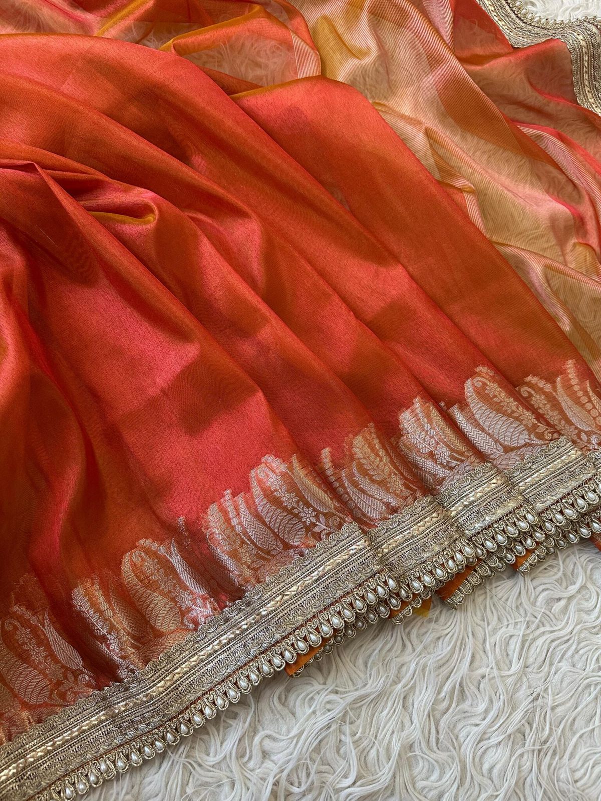 Elegant Burnt Orange Tissue Silk Banarasi Saree with Scalloped Gota Lace