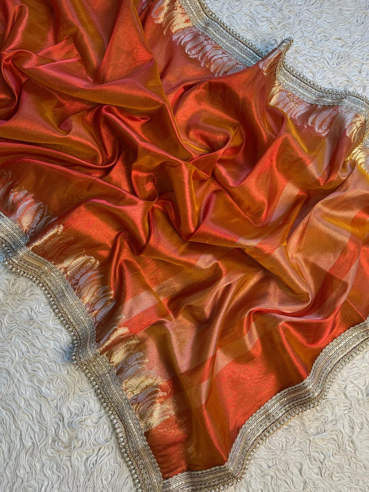 Elegant Burnt Orange Tissue Silk Banarasi Saree with Scalloped Gota Lace