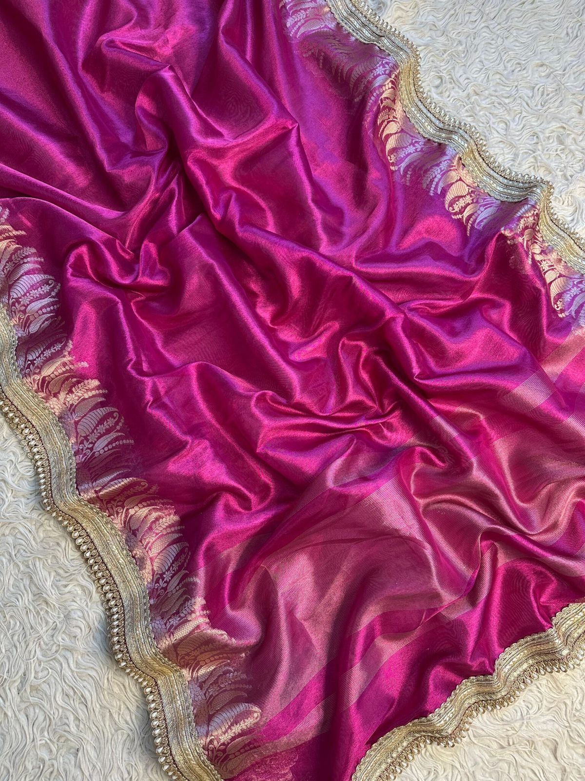 Dark Pink Tissue Silk Banarasi Saree with Scalloped Gota Lace