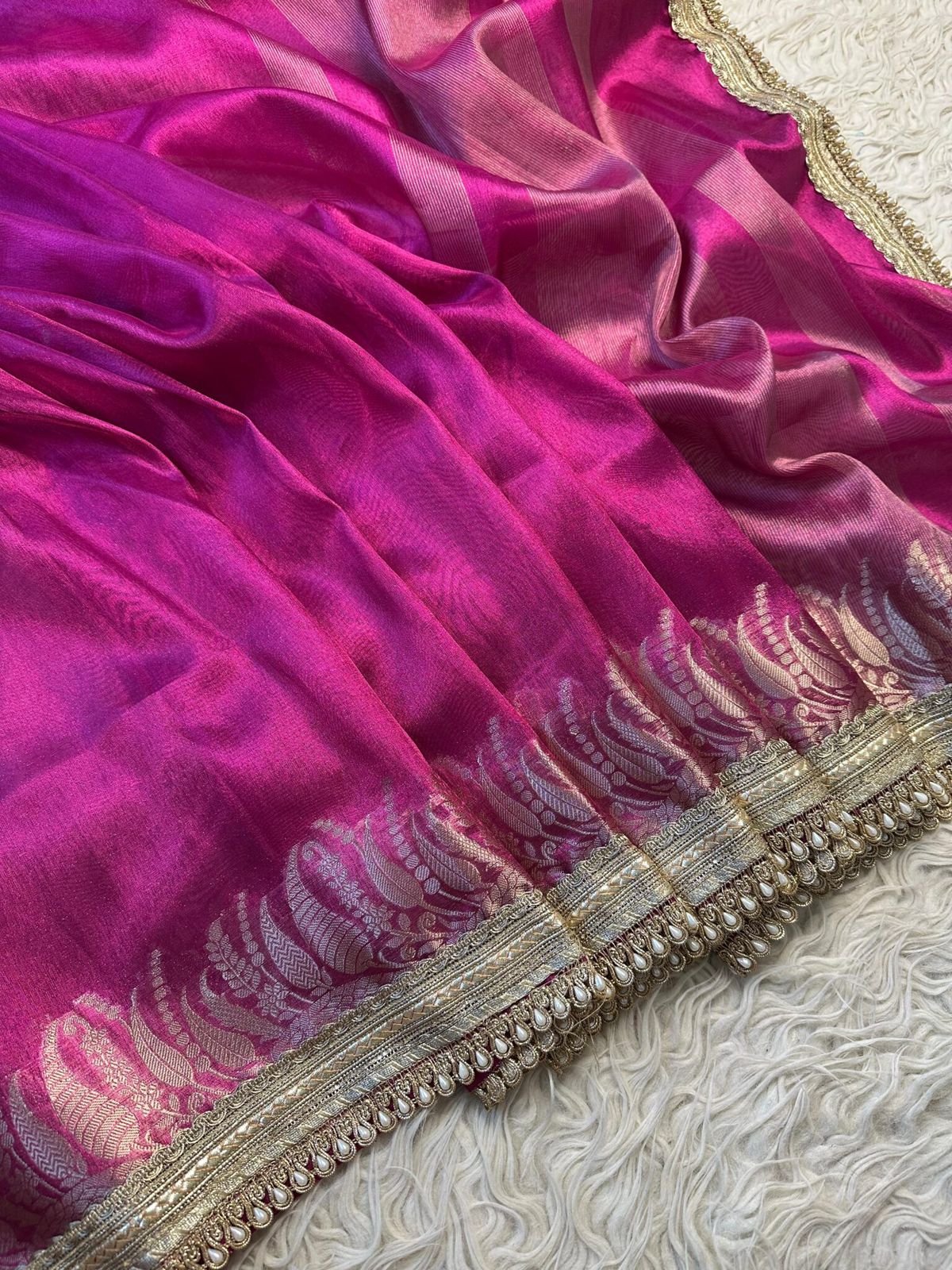 Dark Pink Tissue Silk Banarasi Saree with Scalloped Gota Lace
