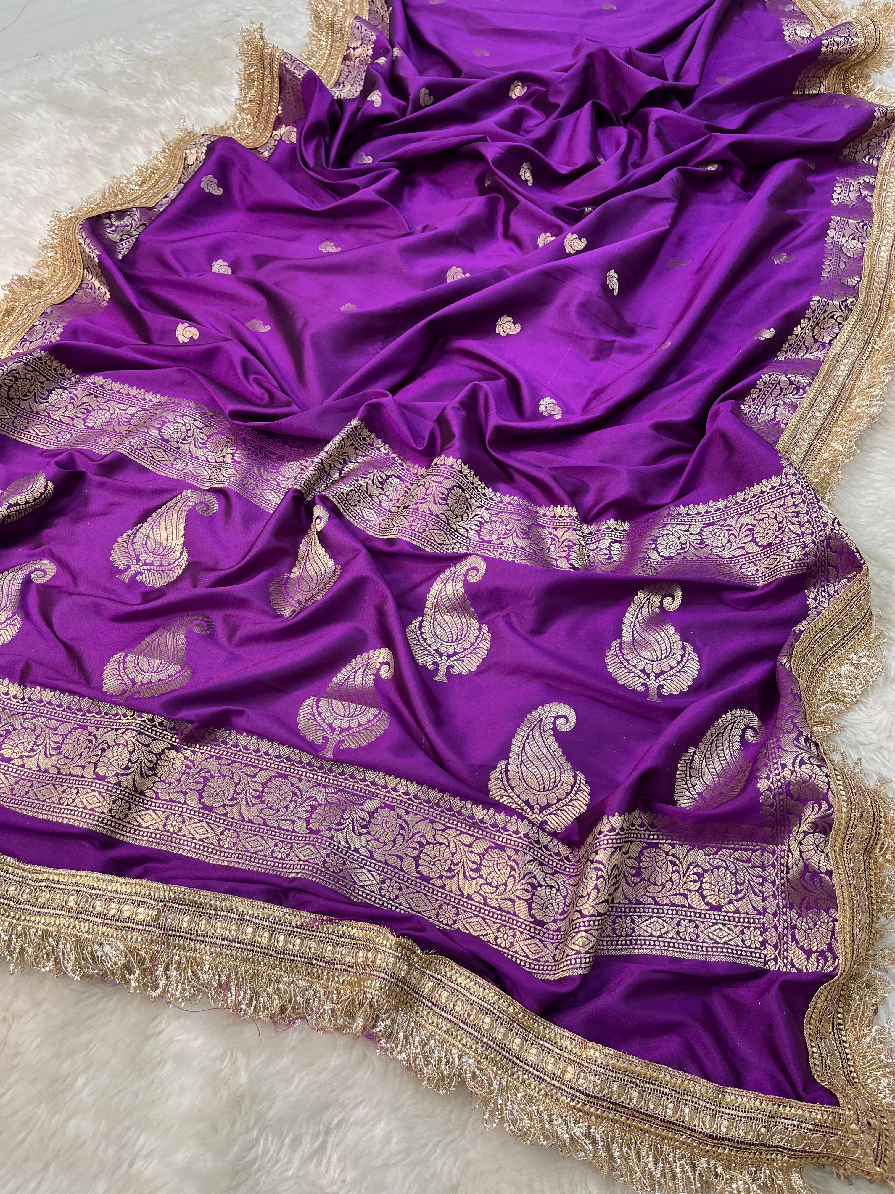 Royal Orchid Soft Silk Saree with Zari Kalka Buta and Fringe Lace Border