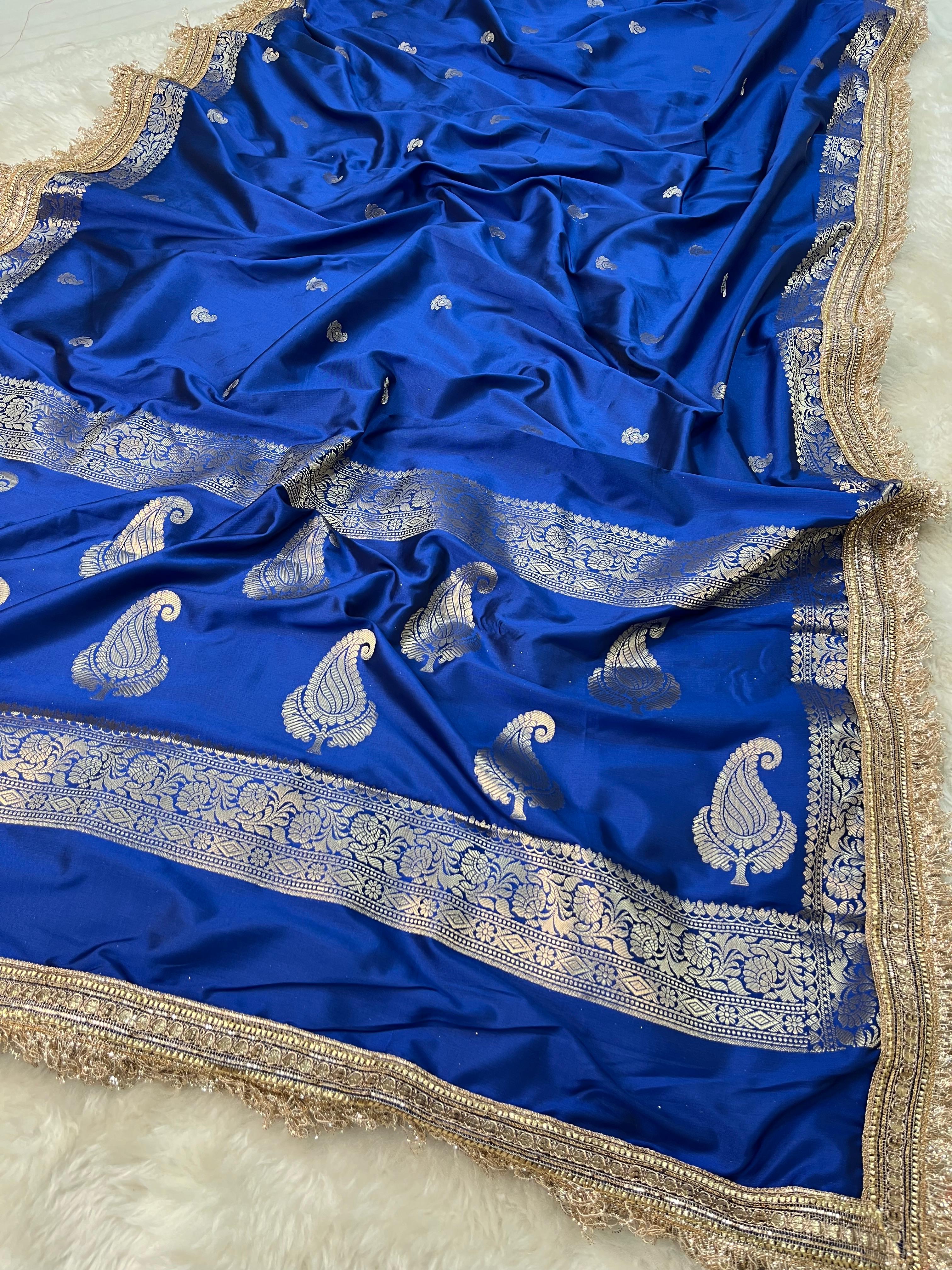 Royal Cobalt Blue Soft Silk Saree with Zari Kalka Buta and Fringe Lace Border