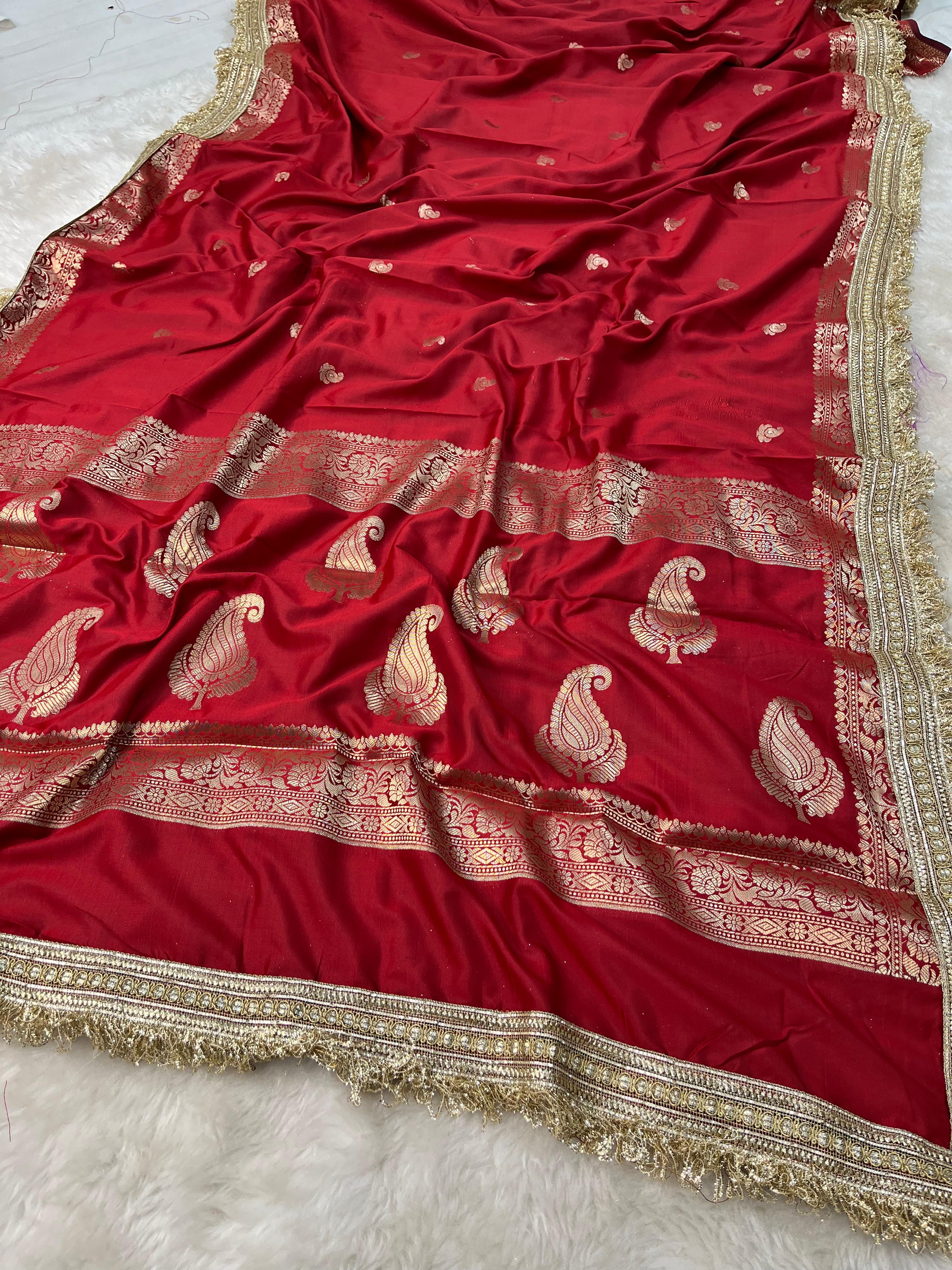 Garnet Red Soft Silk Saree with Zari Kalka Buta and Fringe Lace Border