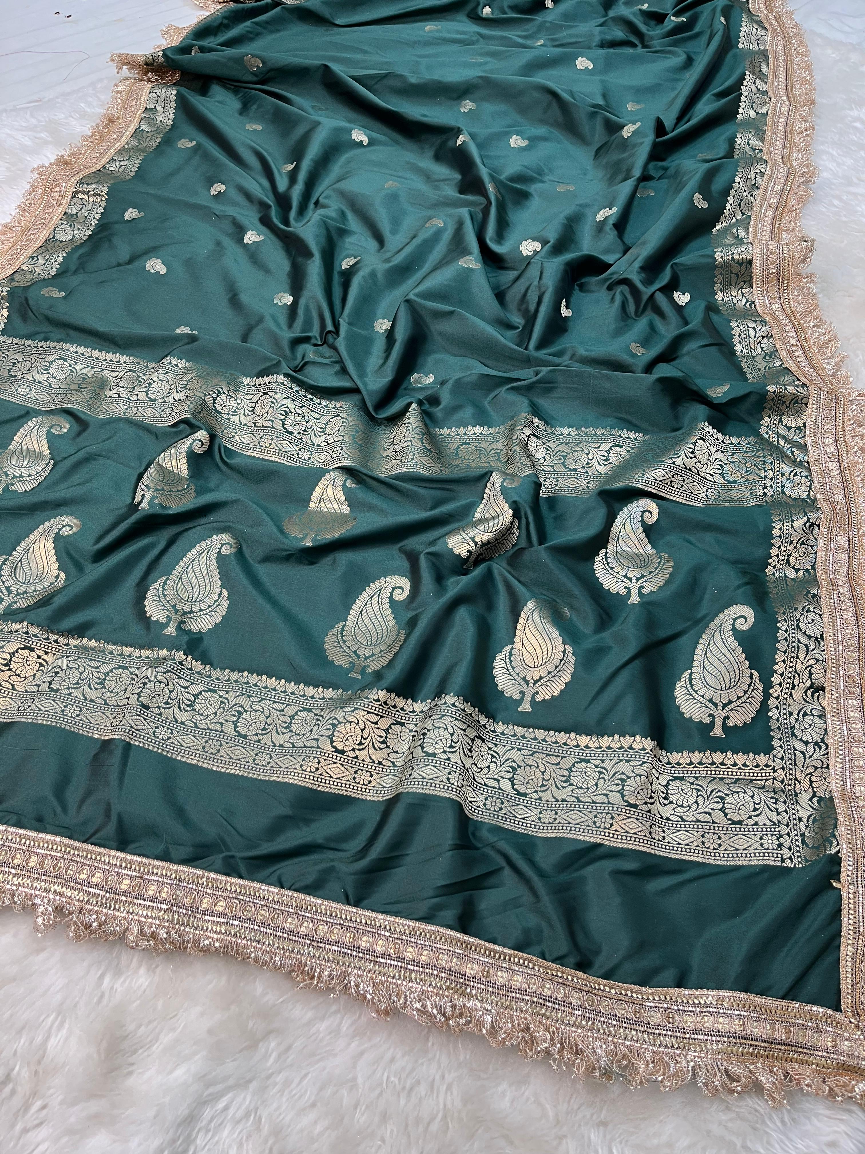 Emerald Green Soft Silk Saree with Zari Kalka Buta and Fringe Lace Border